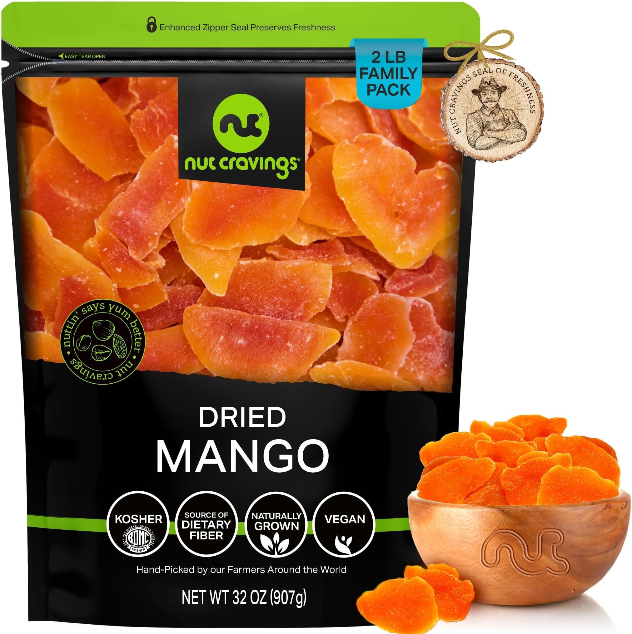 NUT CRAVINGS - Dried Mango Slices, Lightly Sweetened (32oz, 2 LB) Sweet Healthy Snack, Vegan, Kosher, Resealable Bag