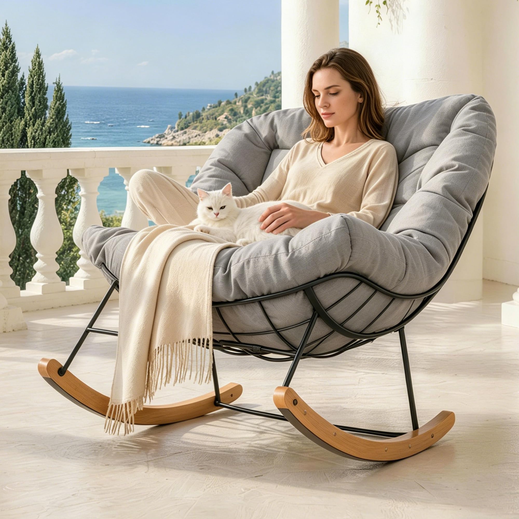 SANODESK Schaukelstuhl Outdoor für Balkon & Garten, gemütlicher Relaxsessel mit sanfter Schaukelbewegung, Loungesessel mit Kissen, bis 159 KG belastbar