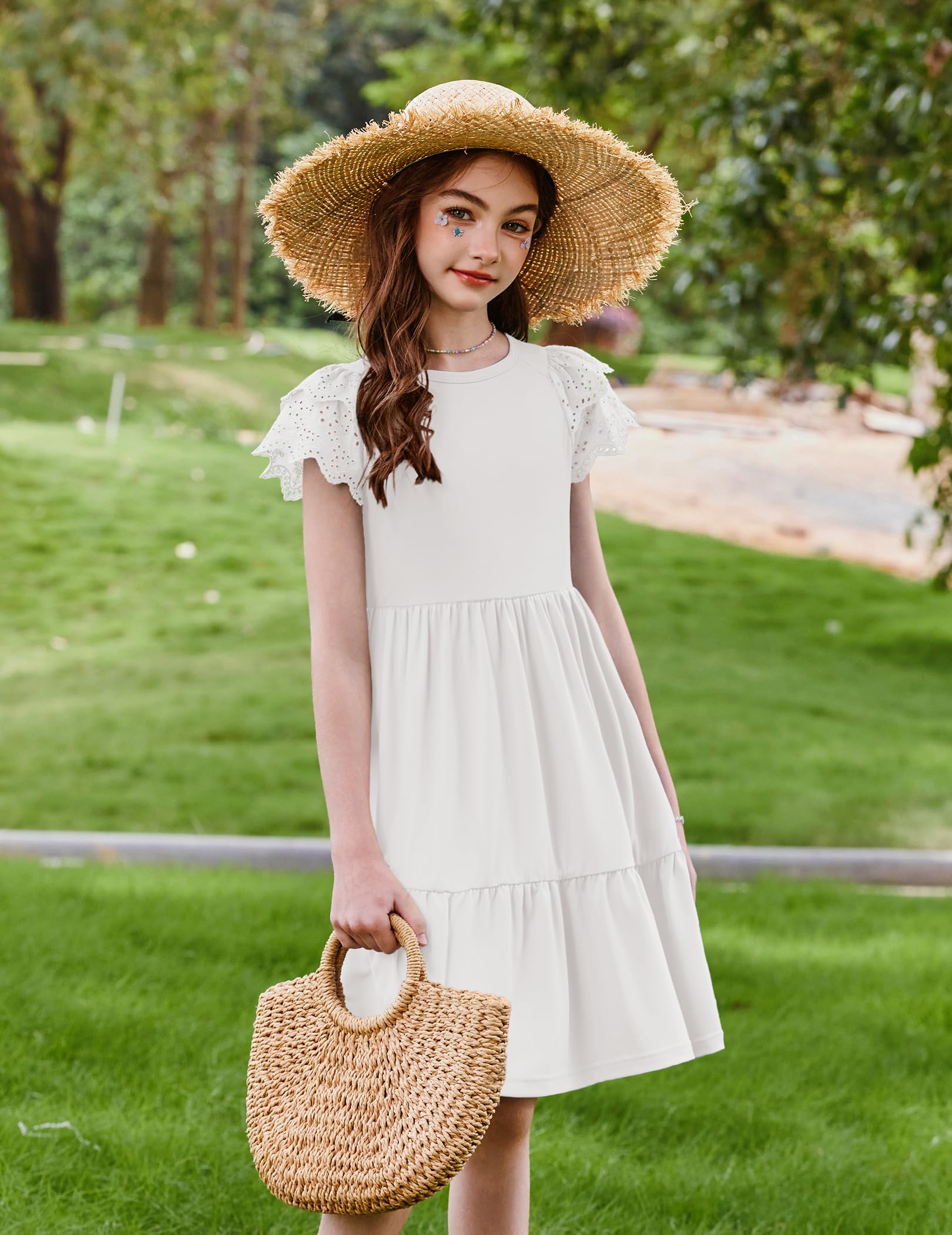 Arshiner Robe d'été en dentelle à manches courtes et col rond pour enfants, robe midi festive décontractée, robe de soirée tendance de couleur unie avec poche, 6 à 14 ans
