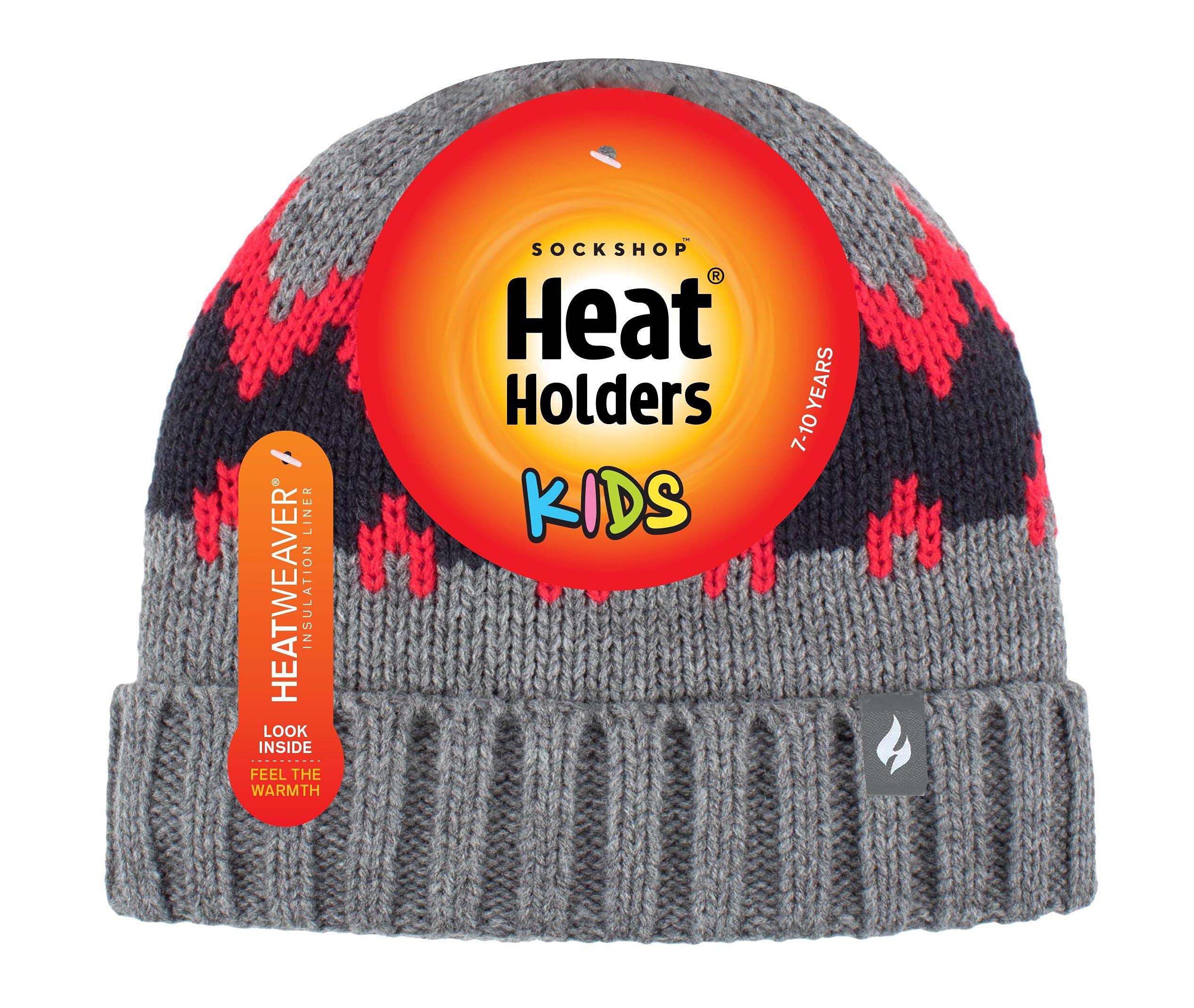 HEAT HOLDERS - Boys Pull On Chunky Knitted Warm Beanie Hat (7-10 Years, Pebble Melange/Red/Navy)