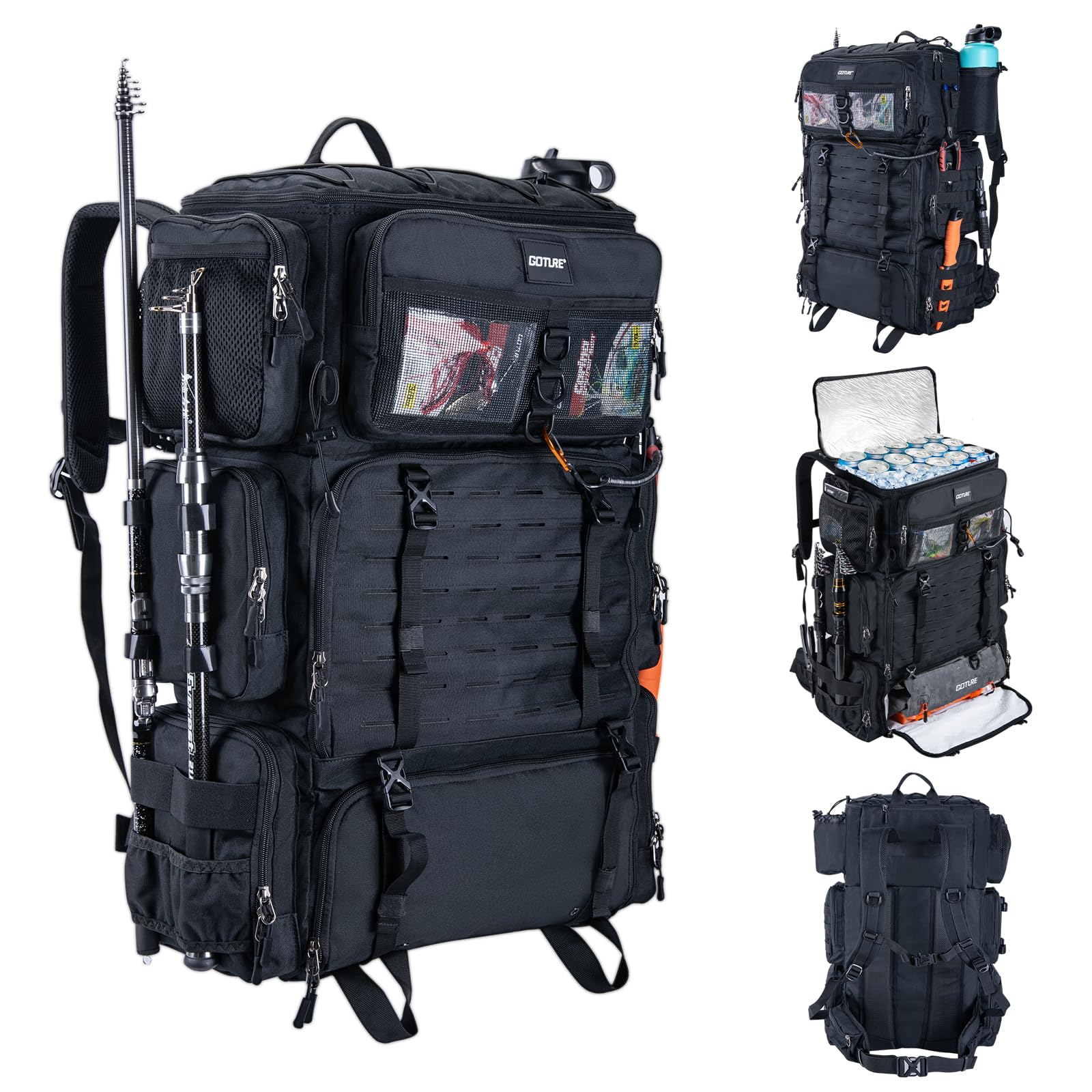 Goture 72L Angelrucksack mit Kühltasche (16L) & Trocken-/Nass-Fach - Verstellbare Fächer Wasserabweisende Angelgerätetasche, 2 Rutenhalter, Regenschutz für Angeln, Camping, Wandern