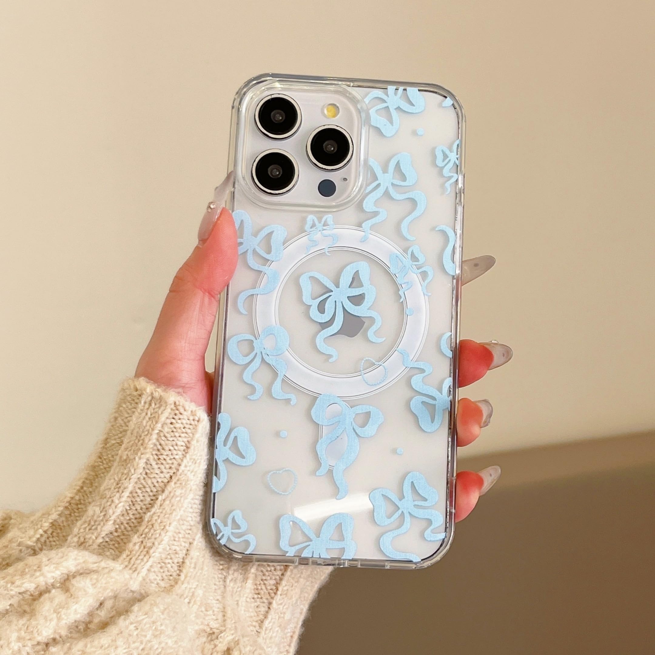 UEEBAI Magnetic for iPhone 16 Pro Case, Bow Case Compatible with MagSafe, Wireless Charge Cute Ribbon Phone Cover Anti-Yellowing Pretty Heart Clear