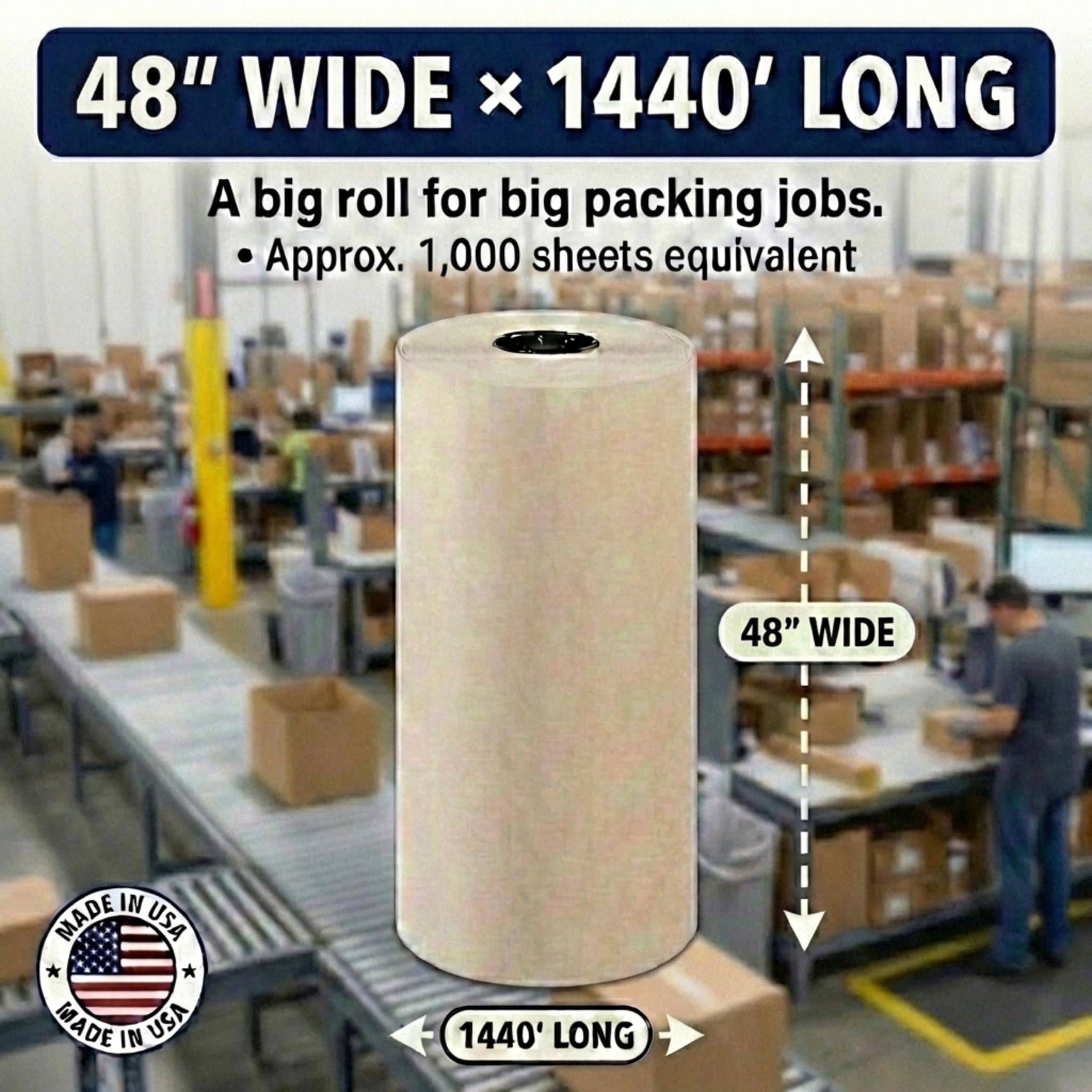 BOX USA Rolka papieru do pakowania gazet, długość 1440 cm x szerokość 122 cm, 100% z recyklingu, biała, idealna do przenoszenia, przechowywania i pakowania