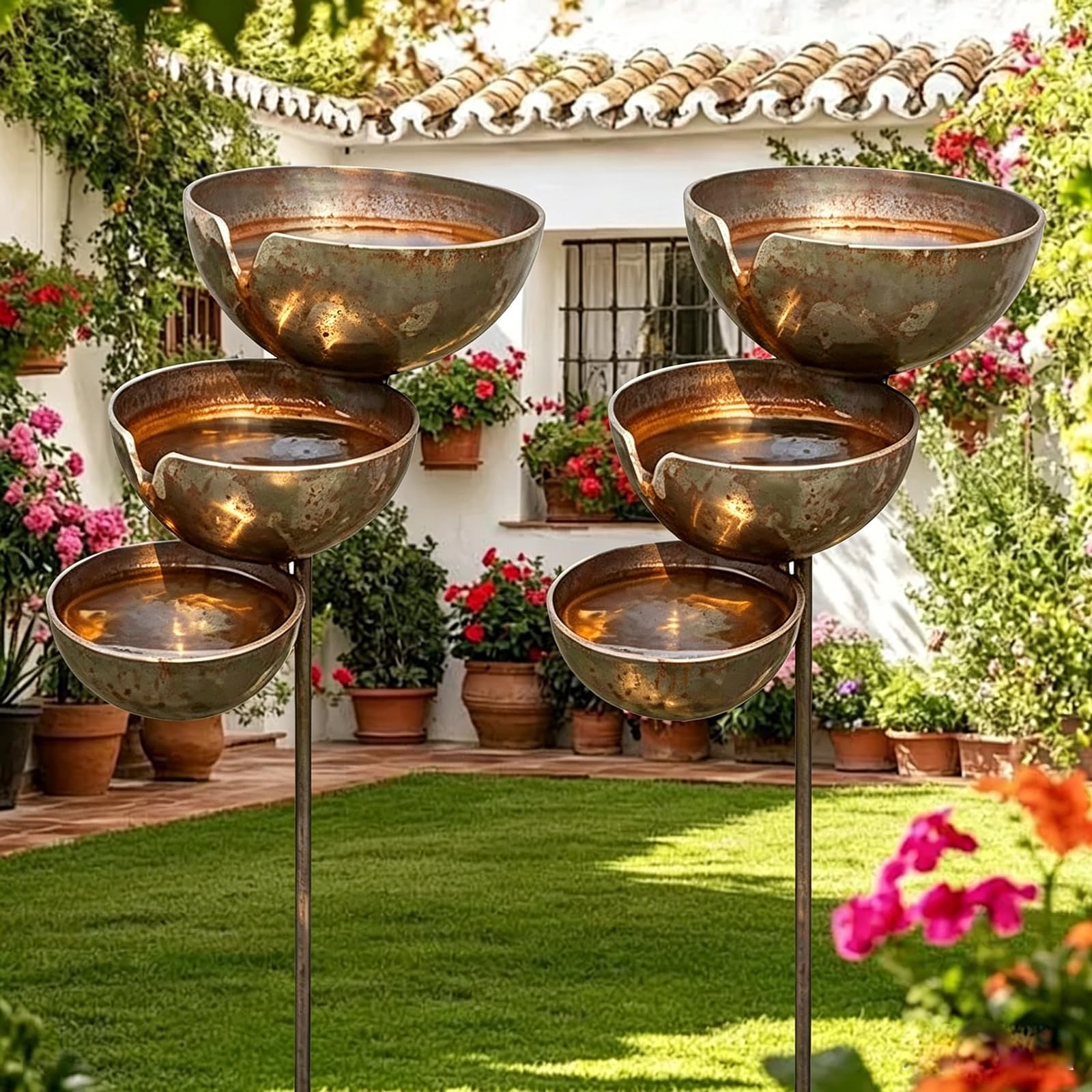 Bronze Rain Catcher Garden Stake, 3-Tier Cascading Bird Bath & Bee Watering Station, Rust Metal Rain Catcher Garden Stake With Water Bowl, Rain Catcher Bird Bath Stake For Bird Attraction (2 PC)