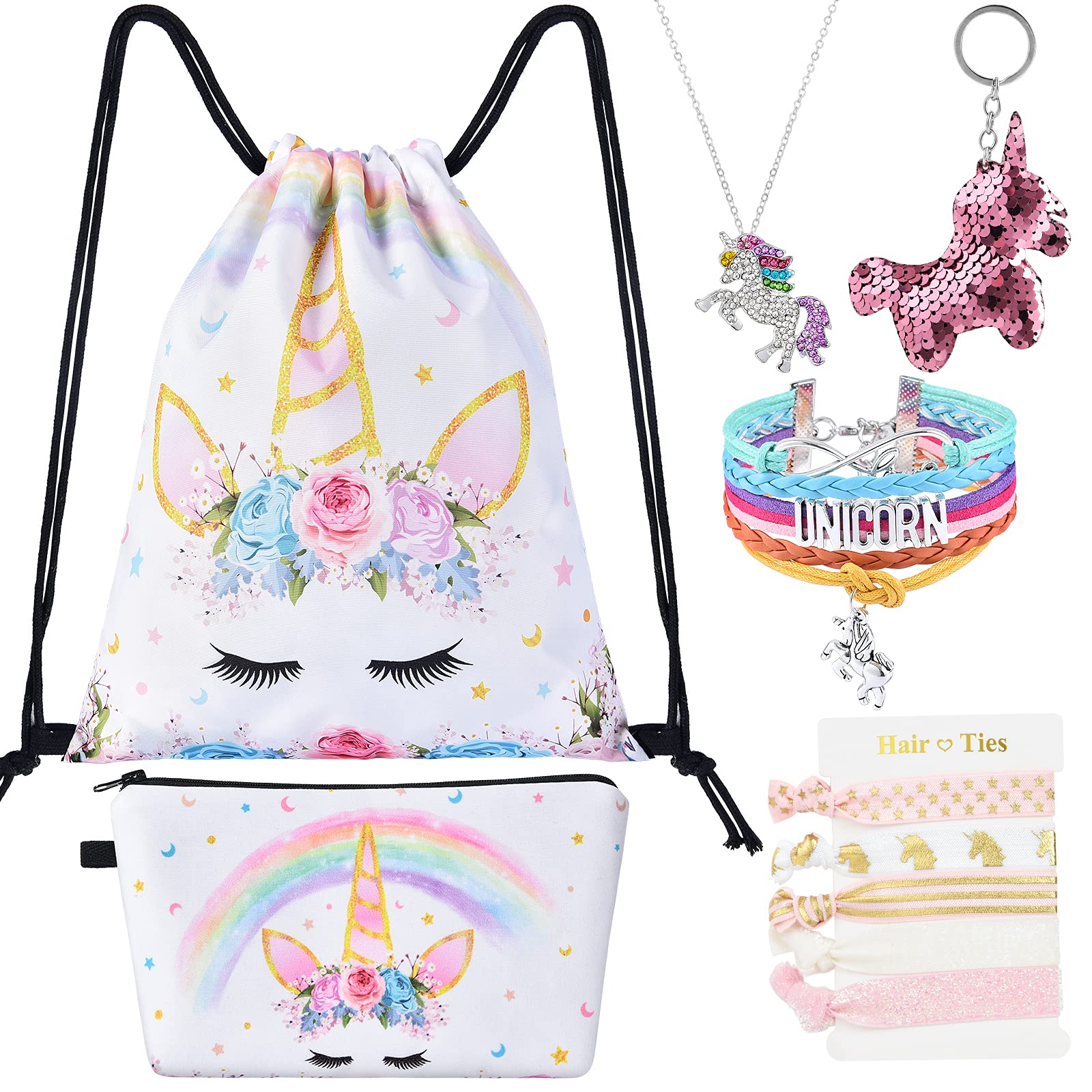 WERNNSAI Mochila Con Cordón Unicornio - Regalos Unicornio Para Niñas Cumpleaños Navidad 9 Piezas Bolsas Gimnasia Cordón Que Incluyen Bolsa Cosméticos Llavero Collar Unicornio Pulsera Lazos