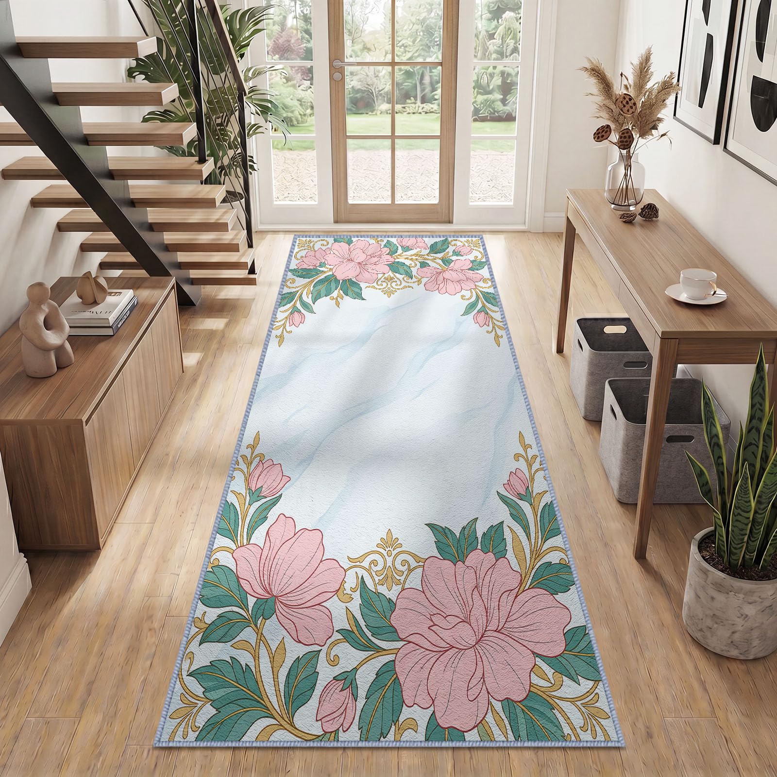 Alfombra antideslizante lavable con diseño de plantas clásicas francesas