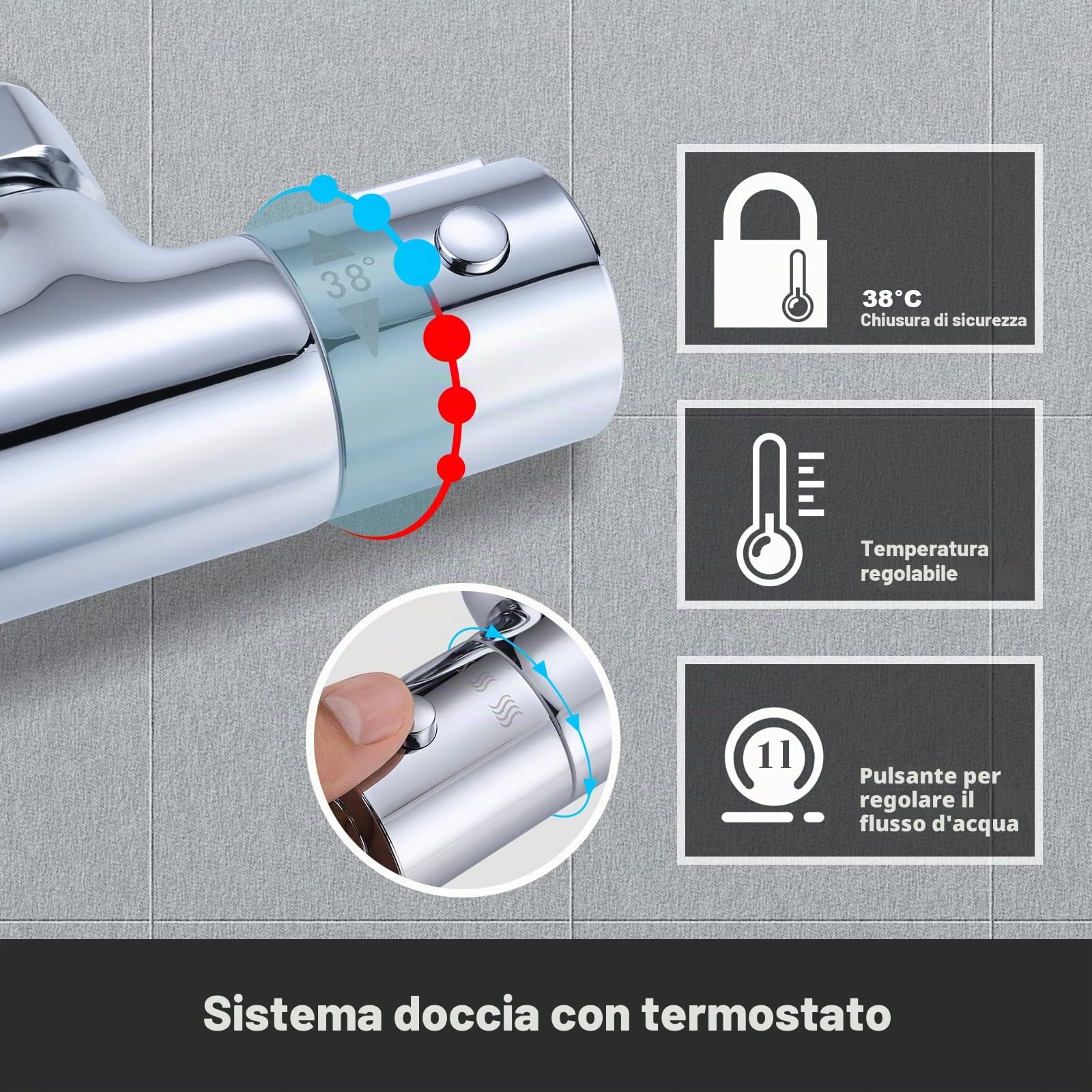 ARCORA Set Doccia Termostatico Completo, Sistema Doccia, Rame e Acciaio Inox, Miscelatore Vasca Doccia Termostatico 38℃, 3 Modalità di Erogazione, Cambio Facile Doccia-Vasca, Cromato