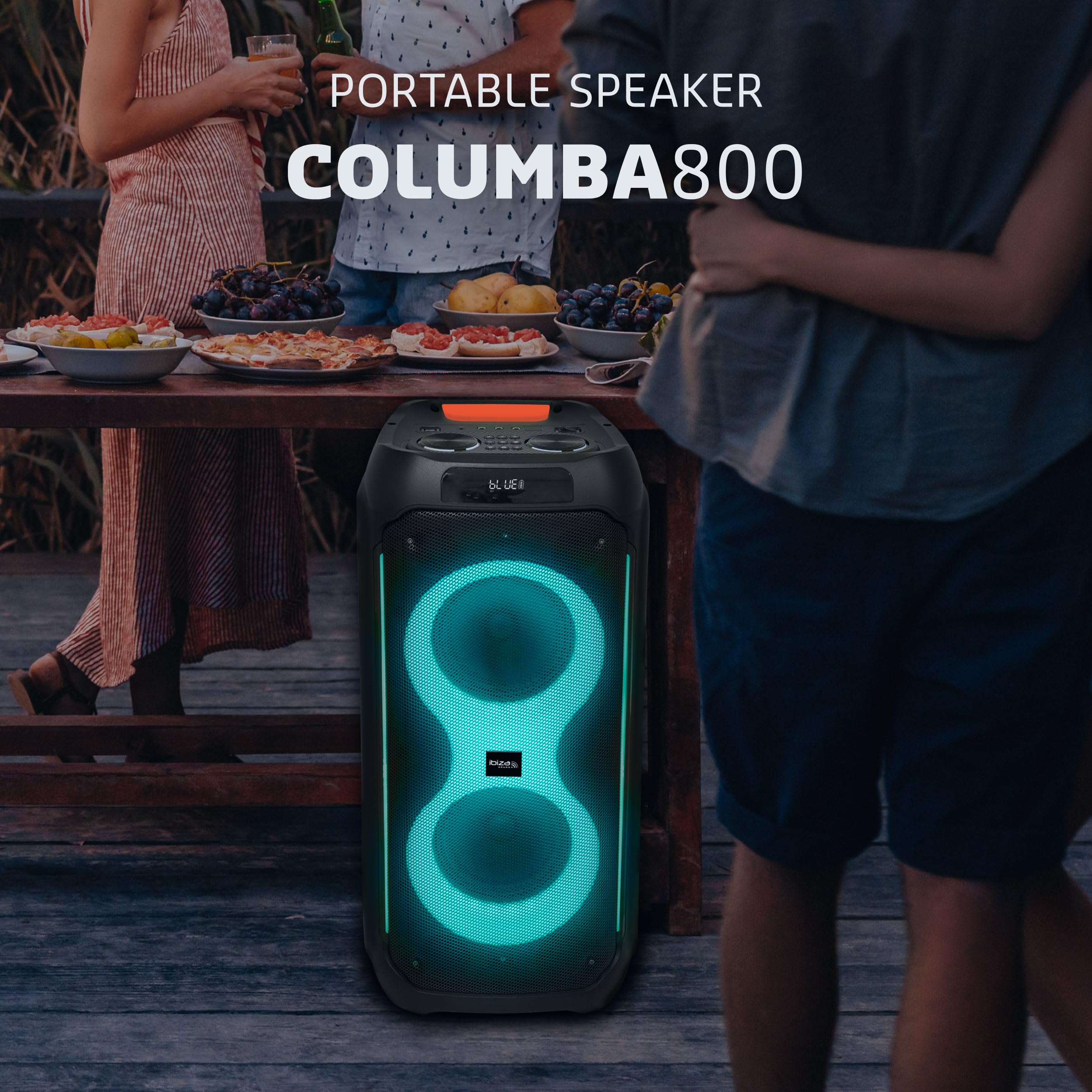 Ibiza - COLUMBA800 - Leistungsstarker 2x8/20cm Akku-Lautsprecher - Bluetooth, Micro-SD, USB, Aux, 2 MIC IN, 1 GT IN, RCA Out - TWS - Mehrfarbige Endlos-LED - Handgriff