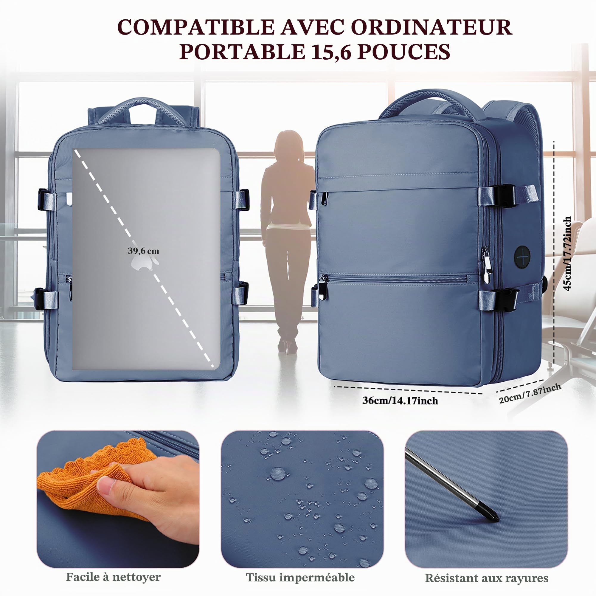 WOUIYO Bagage Cabine 45x36x20 pour Easyjet Sac à Dos Voyage Cabine Avion 30L Bagage à Main Femme Homme Sous Siege Cabine Sac à Dos pour Ordinateur Portable 15.6 Pouces
