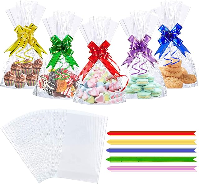 50PCS Clear Cellophane Treat Bags, AUERVO 13 x 18 cm Clear Resealable Flat Cello Bags Sweet Party Gift Bags Candy/Cookie/Gift/with 50PCS Colorful Pull Bows