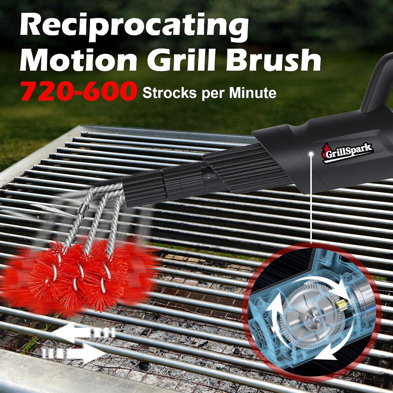 Electric Grill Brush – Long Handle, Innovative Reciprocating Motor Grill Cleaner (600/720 Strokes/min), Powerful Cleaning, 3 Interchangeable Brush Heads, Ideal BBQ Gift for Dads & Grill Lovers