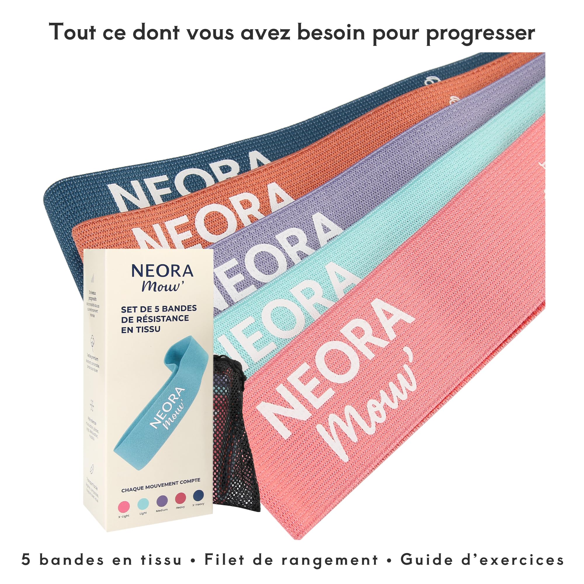 Neora Mouv’ Set de 5 Bandes de Résistance en Tissu – Mini Loop Fitness & Pilates – 5 Niveaux de Résistance – Bandes Élastiques pour Jambes, Fessiers et Corps Complet – Filet et Guide Inclus