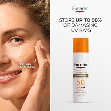 Eucerin Sun Age Defense Tinted Face Lotion SPF 50, 2.5 FL OZ | Universal Tinted Sunscreen for Face with Hyaluronic Acid, Non Comedogenic Facial Lotion, Fragrance Free