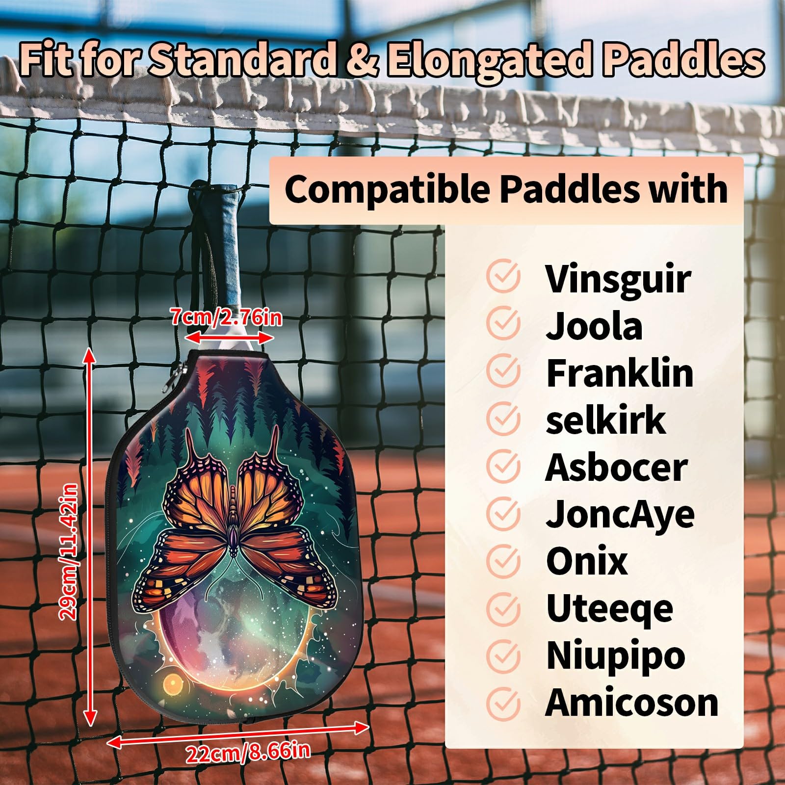 Pickleball Paddle Cover, Butterfly Moon Premium Neoprene Protective Case for Pickleball Paddles, Lightweight Durable Paddle Sleeve with Zipper Closure for Storage Travel
