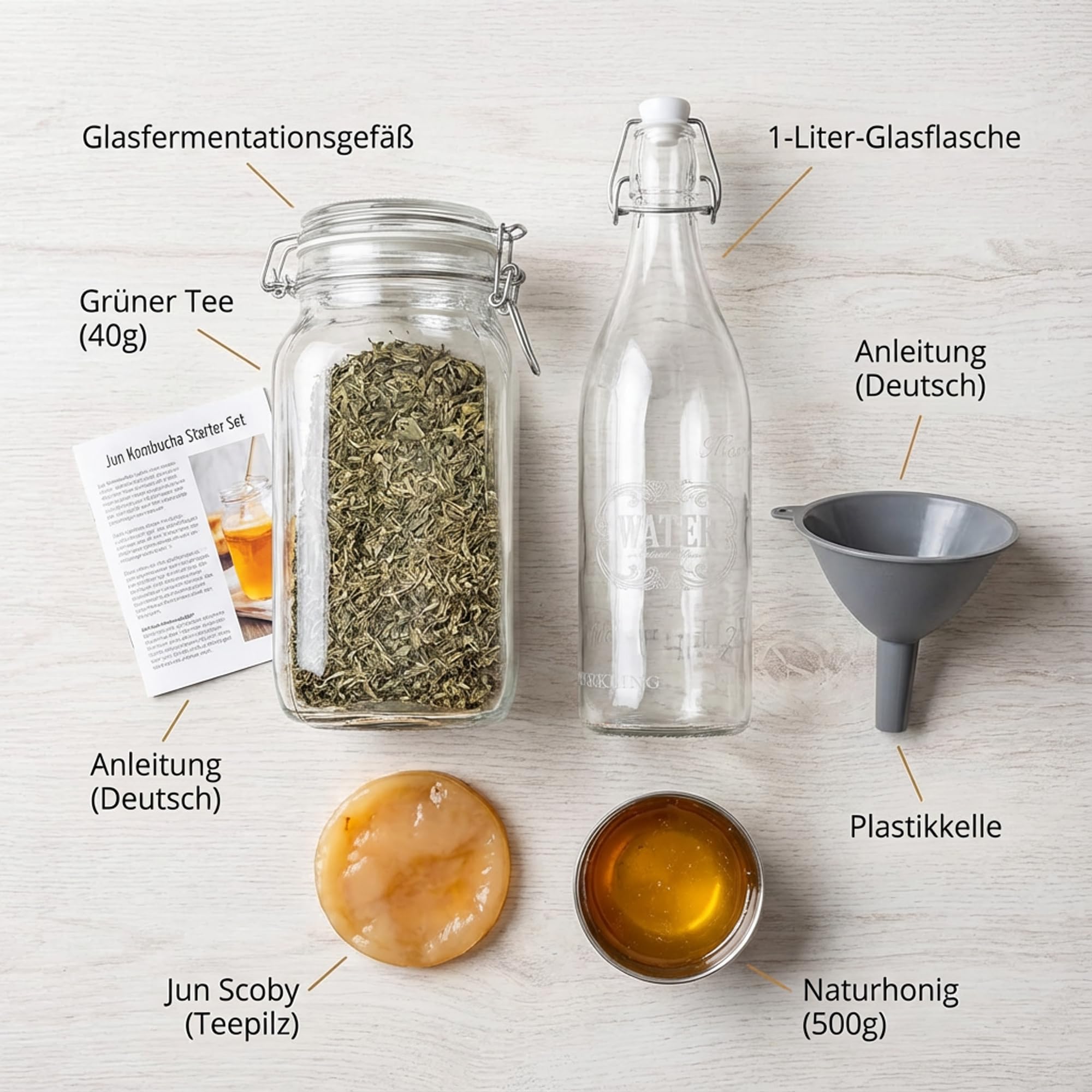Kefir-for-all Jun Kombucha Starterset 7-teilig (5 Liter) – Teepilz/Scoby Kultur inkl. Gärgefäß, 1L Glasflasche & Trichter – 40 g Sencha Grüntee + 500 g Honig – Deutsche Anleitung
