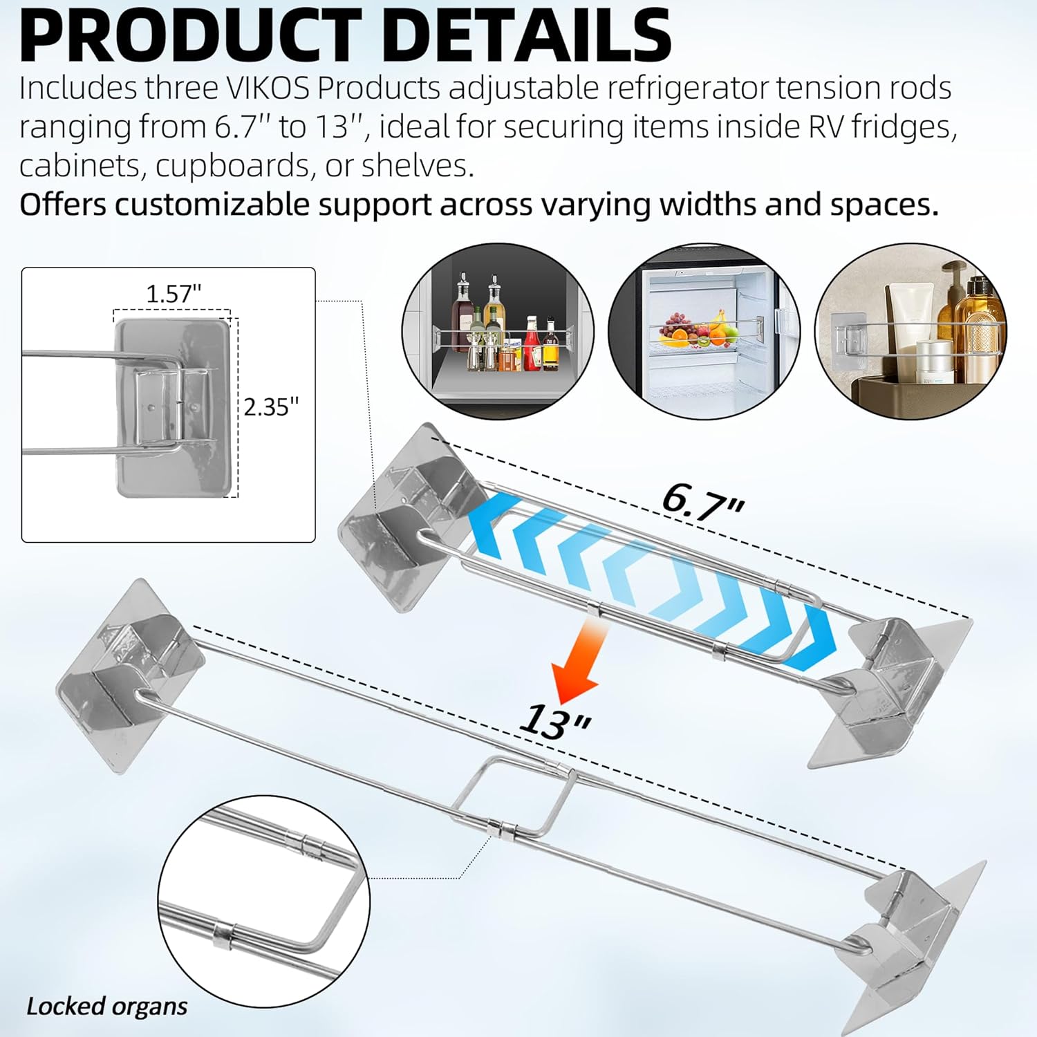 (3-Pack Adjustable RV Fridge Bar, 6.7"–13" Stainless Steel Refrigerator Tension Rods for Camper, Trailer, Motorhome, and Kitchen Cabinet Organization Accessories