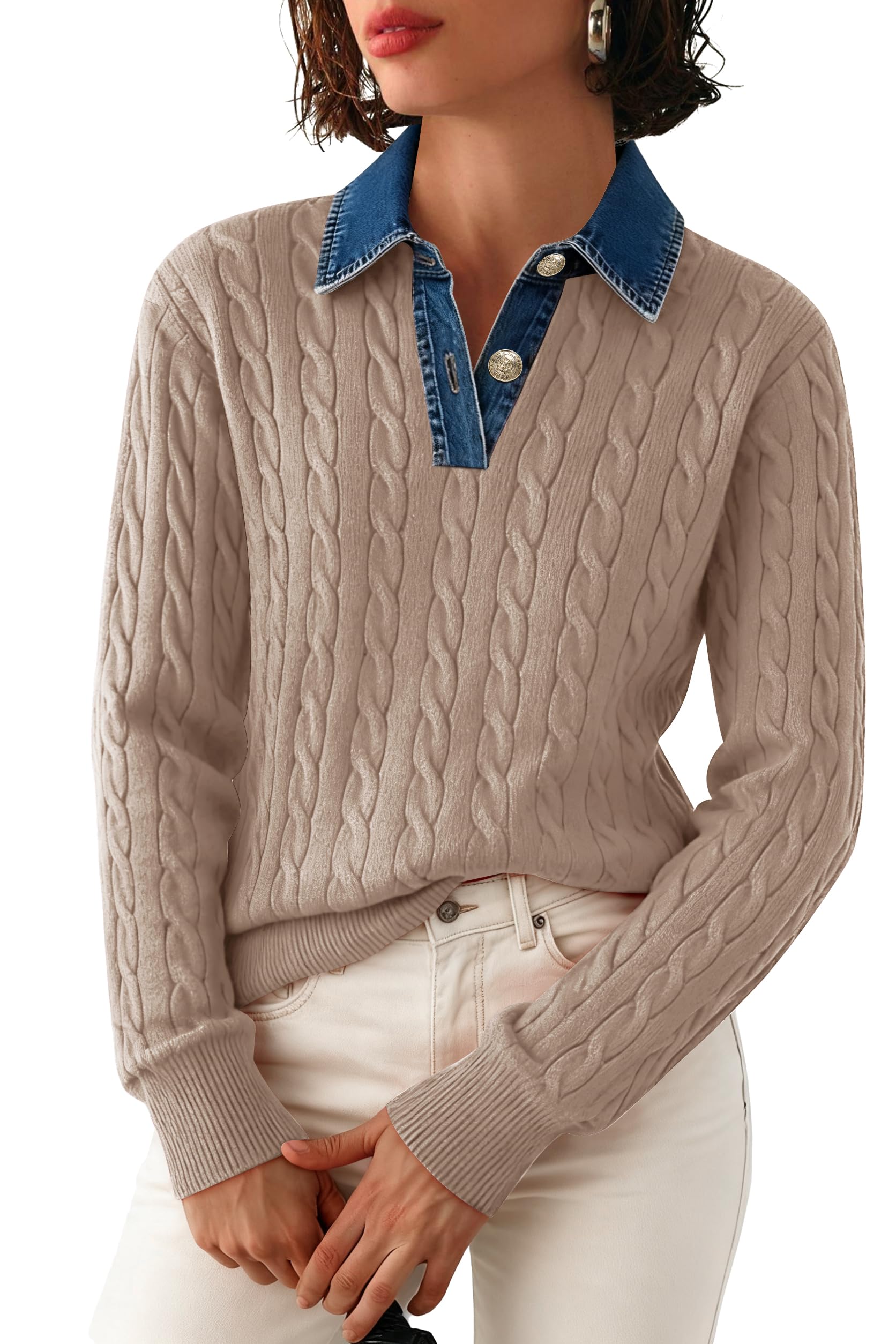 SAUKOLE Sweaters for Women Denim Lapel V Neck Buttons Closure Casual Long Sleeve Cable Knit Loose Pullover Sweater