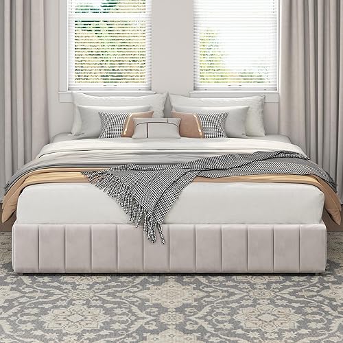 Miniatura 3 de Yaheetech Base de cama King tapizada con 4 cajones de almacenamiento, gran espacio de almacenamiento, listones de madera fuertes, antideslizante y