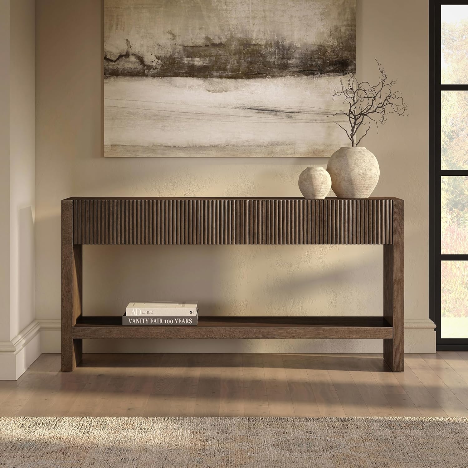 Henn&Hart 60" Rectangular Fluted Console Table, Ribbed Entryway Table, Sofa Table with 3 Storage Drawers and Open Storage Shelf for Entryway, Living Room, Couch, Hallway, or Office, Heritage Oak