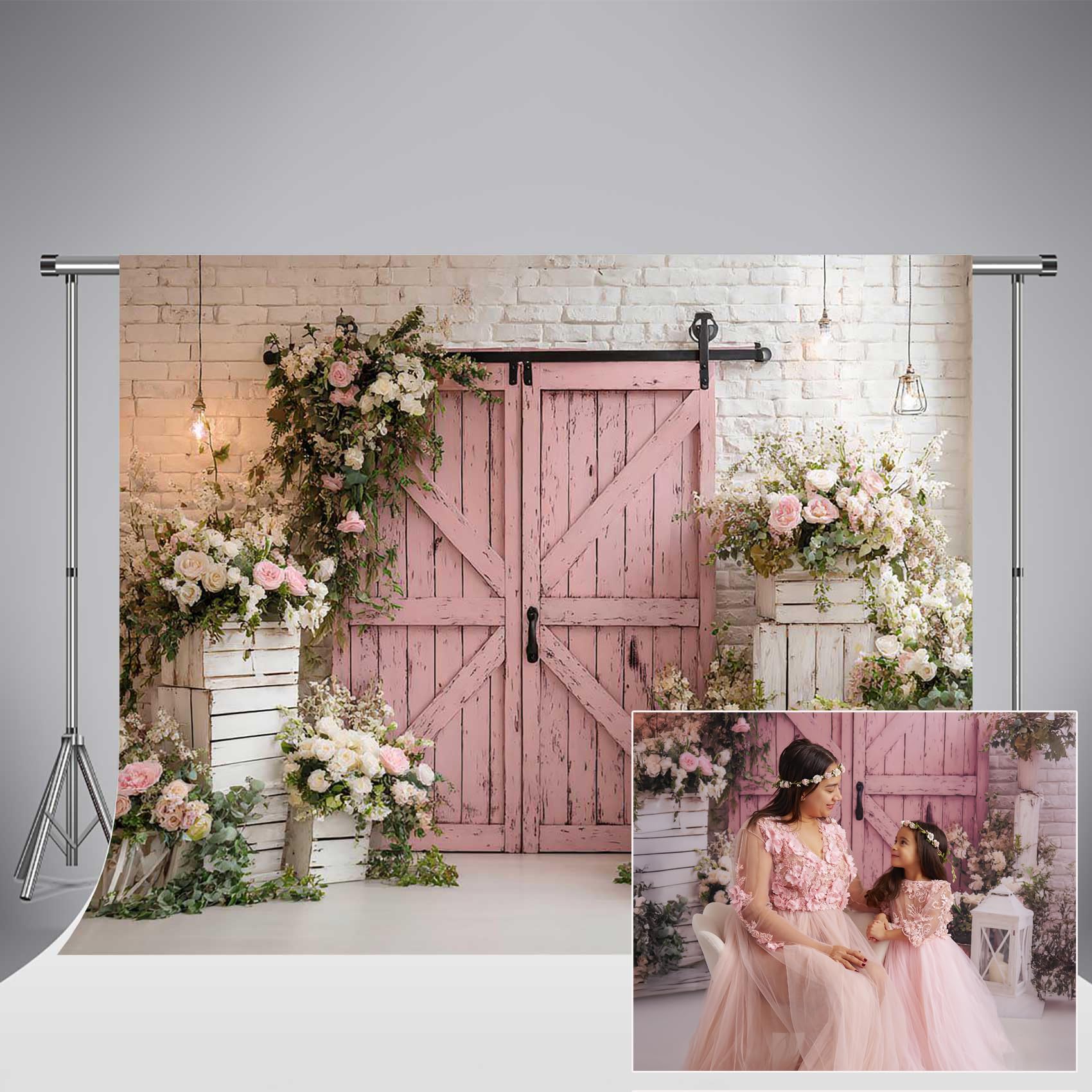 Kate Barn Wood Door Fondale 10x6.5ft/3x2m Matrimonio floreale rosa per fotografia Fiore Festa di compleanno Sfondo Studio fotografico Puntelli Neonati Photo Booth