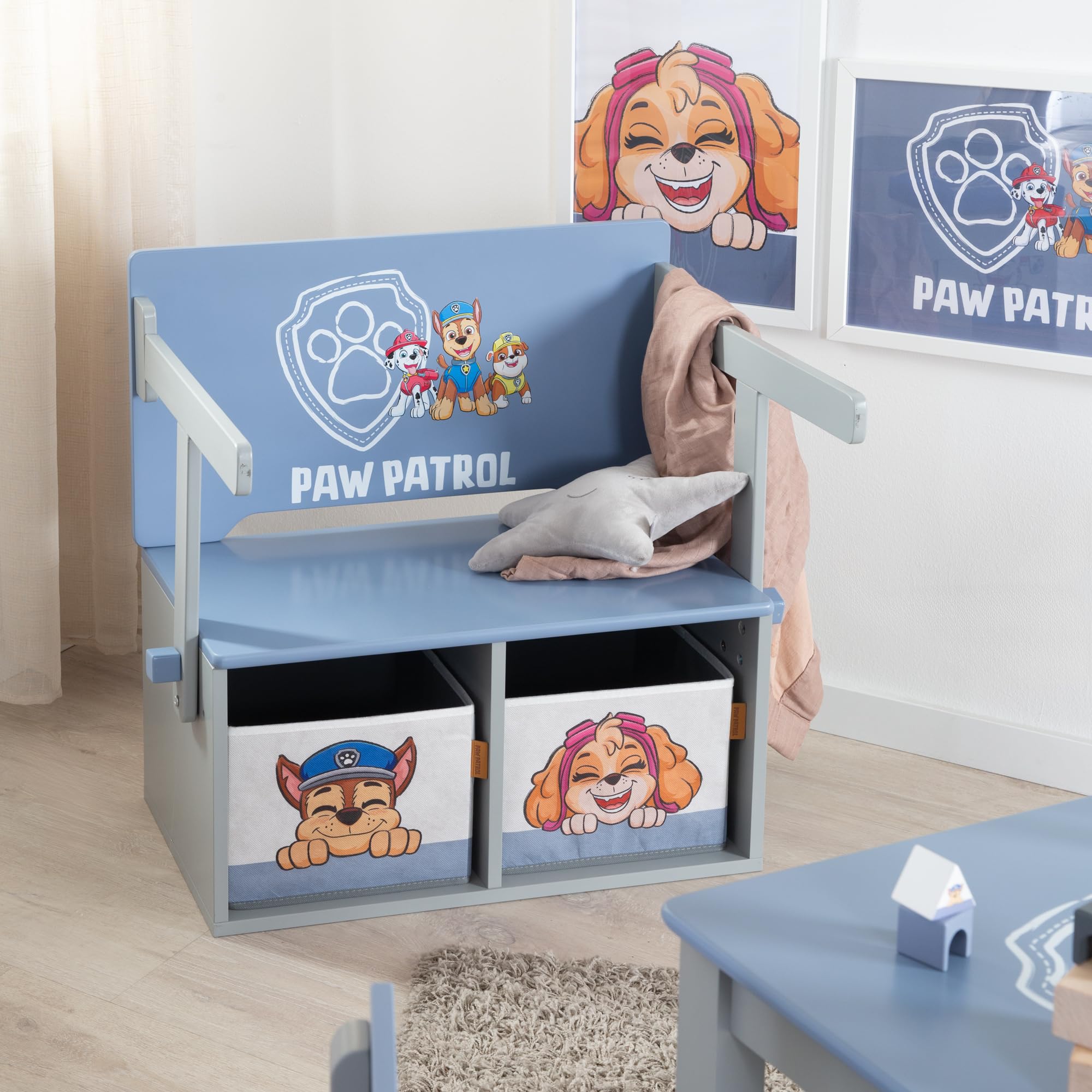 Paw Patrol Klappbare Sitzbank mit 2 Aufbewahrungsboxen, umbaubar zum Kindertisch, Holz grau/blau ab 18 Monaten