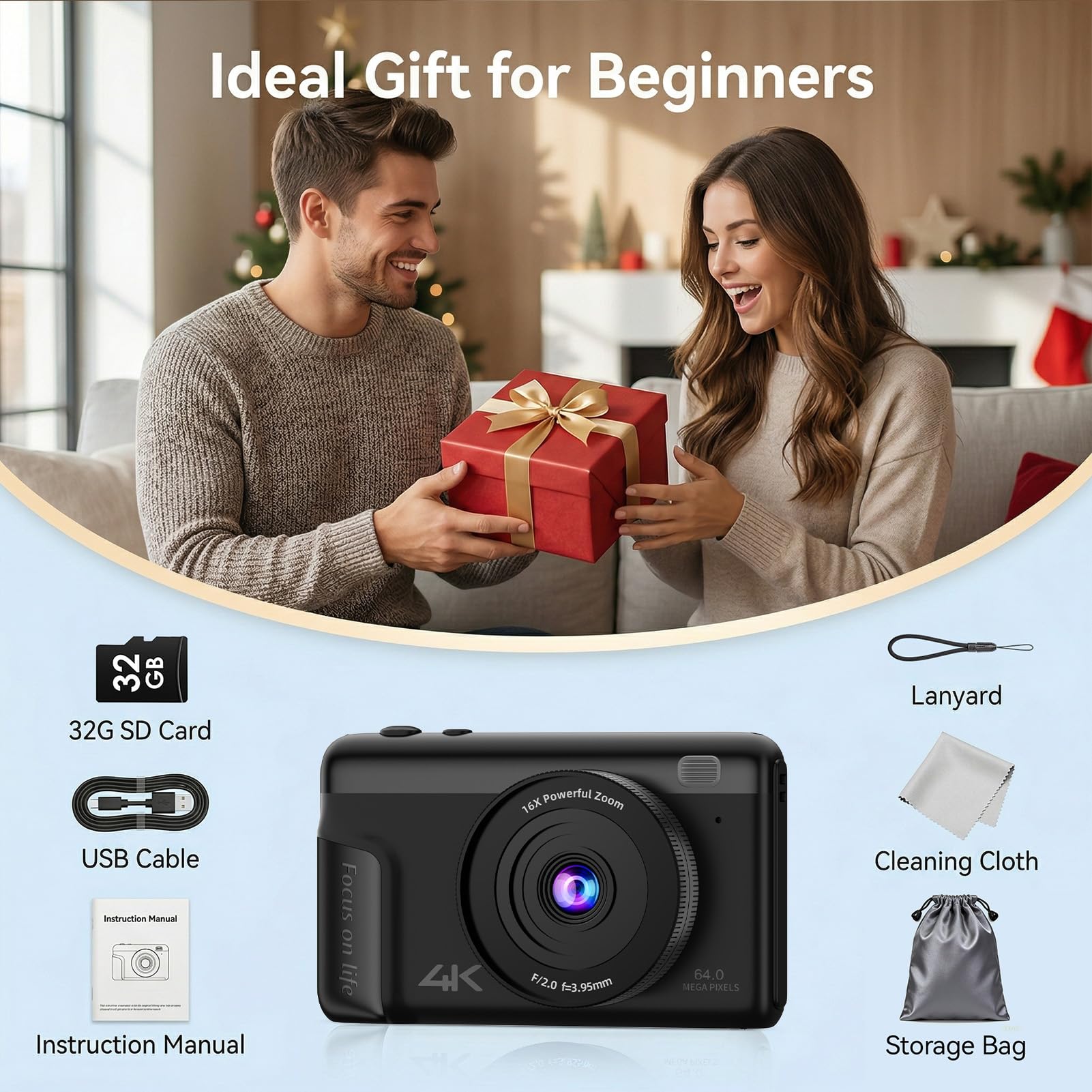 Cámara digital 4K para fotografía, cámara de vlogging de 64 MP para YouTube con pantalla abatible y antivibración, cámara de video de enfoque automático UHD con zoom digital de 16X con tarjeta SD de