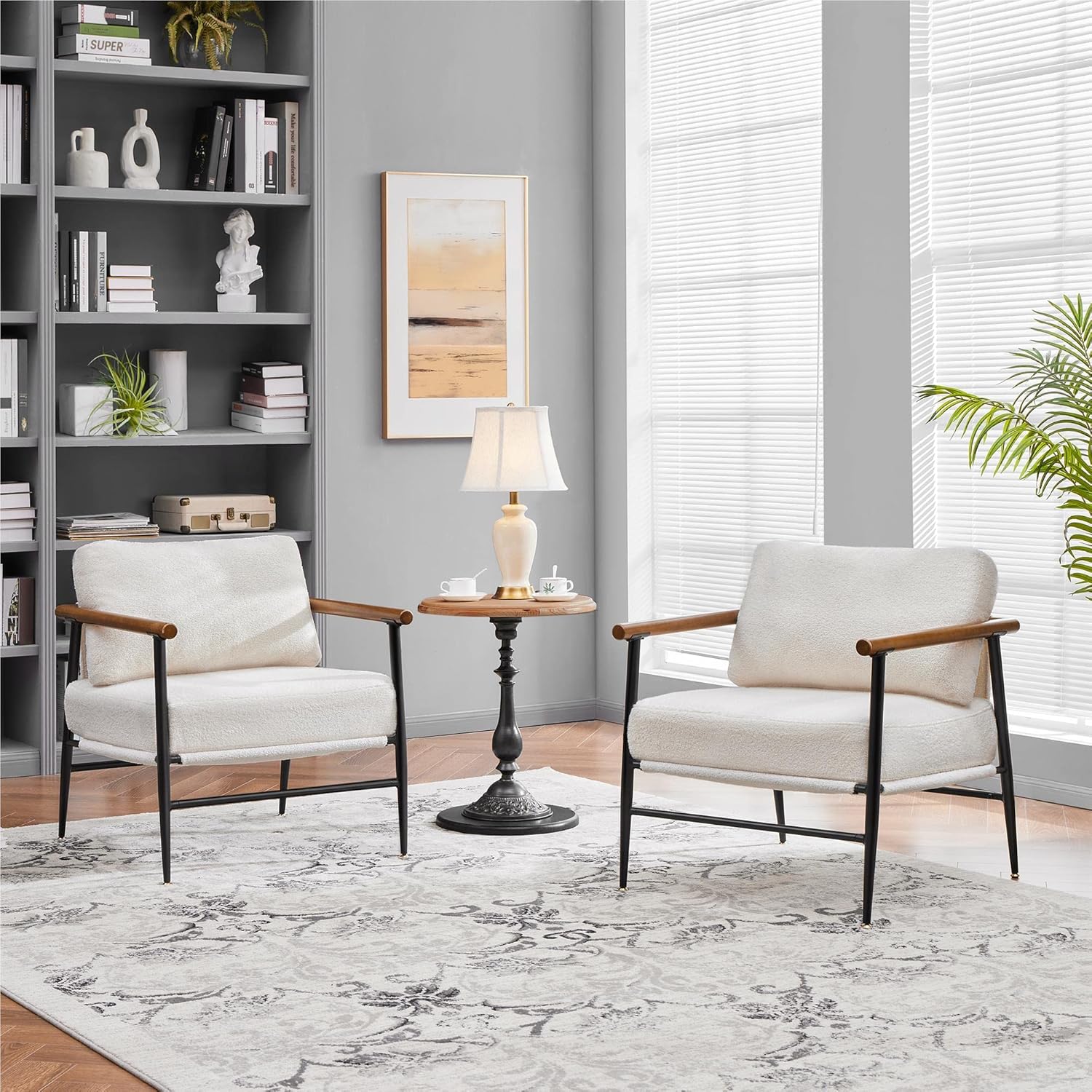 Yaheetech Accent Chair, Modern Vanity Chair, Boucle Fabric Lounge Chair with Metal Frame, Plush Back Pillow and Seat Cushion Pocket Coil Seat for Living Room Bedroom Makeup Room, Ivory, 2pcs