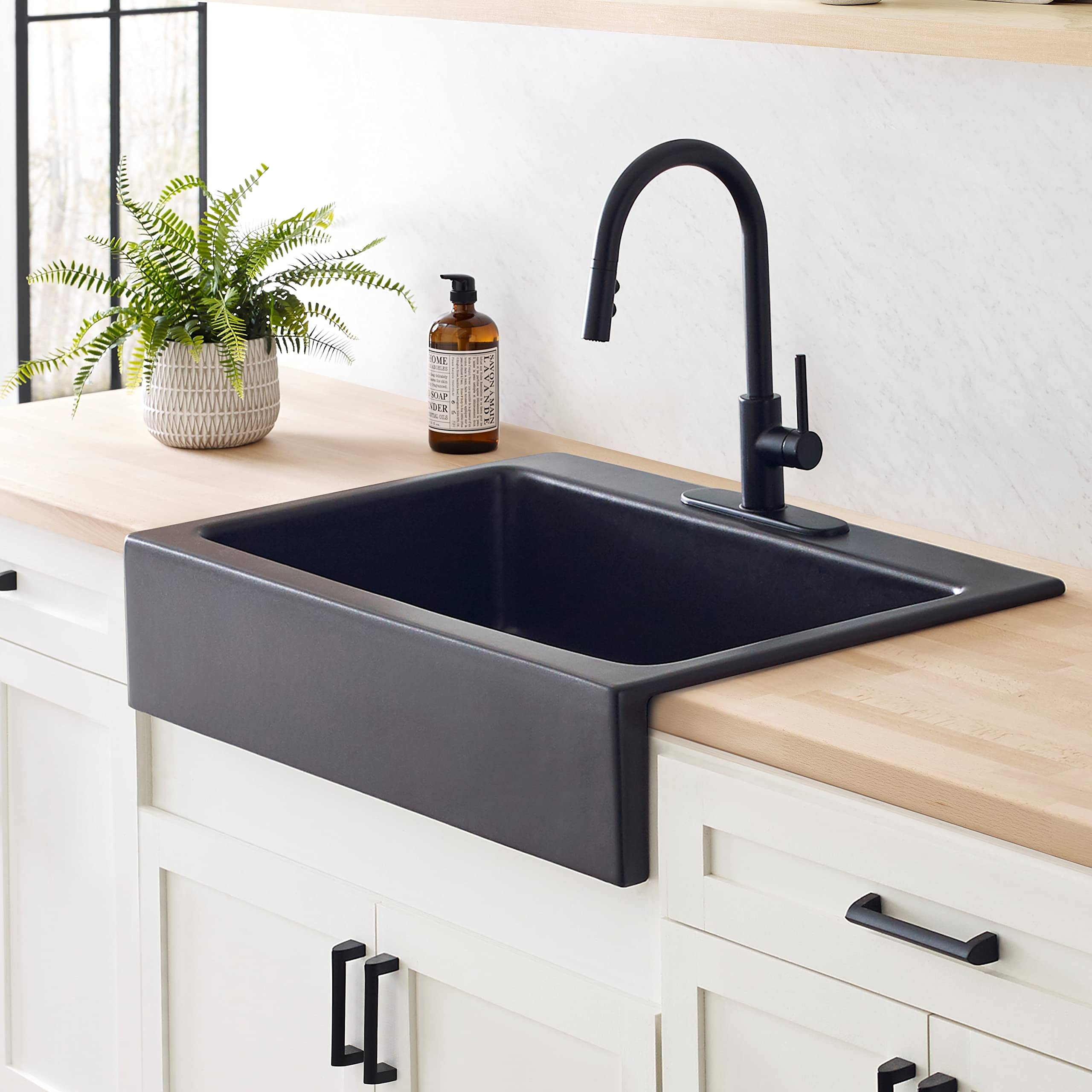 Sinkology Parker Matte Black Fireclay 34 Single Bowl Quick-Fit Farmhouse Apron Front Drop-in Kitchen Sink and Drain