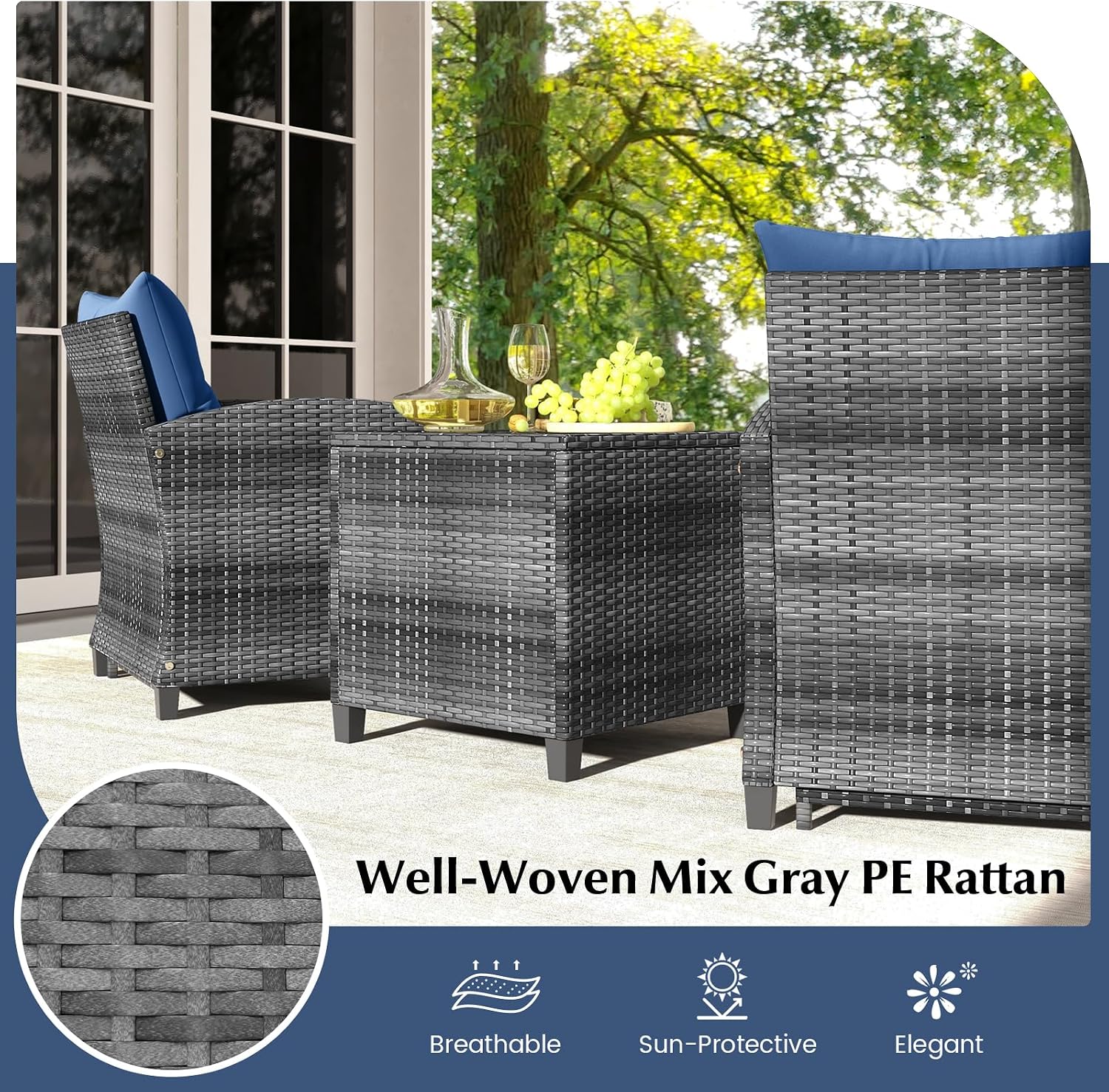 HAPPYGRILL 5-Piece Outdoor PE Rattan Conversation Set, Wicker Patio Furniture Set with Cushion, Ottoman & Coffee Table for Backyard Garden Poolside Lawn Deck Porch (Mix Grey & Navy)