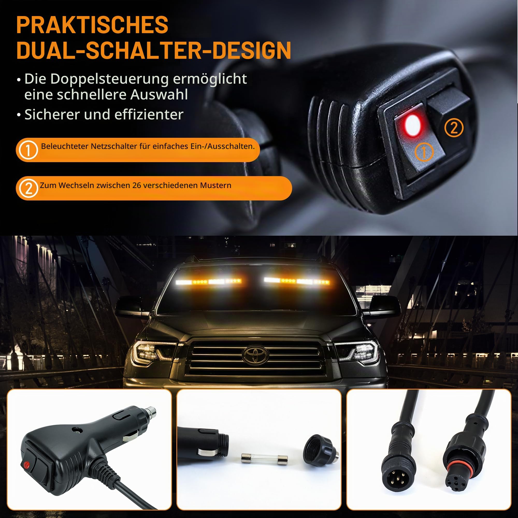 Dinfu 2 Stück 43cm Blinken LED Warnleuchte Orange + weißes Leuchtfeuer, 26 modes stroboskop Sicherheits warnleuchten mit 32 LEDs für Baufahrzeuge, LKW Truck Traktor Dach oben