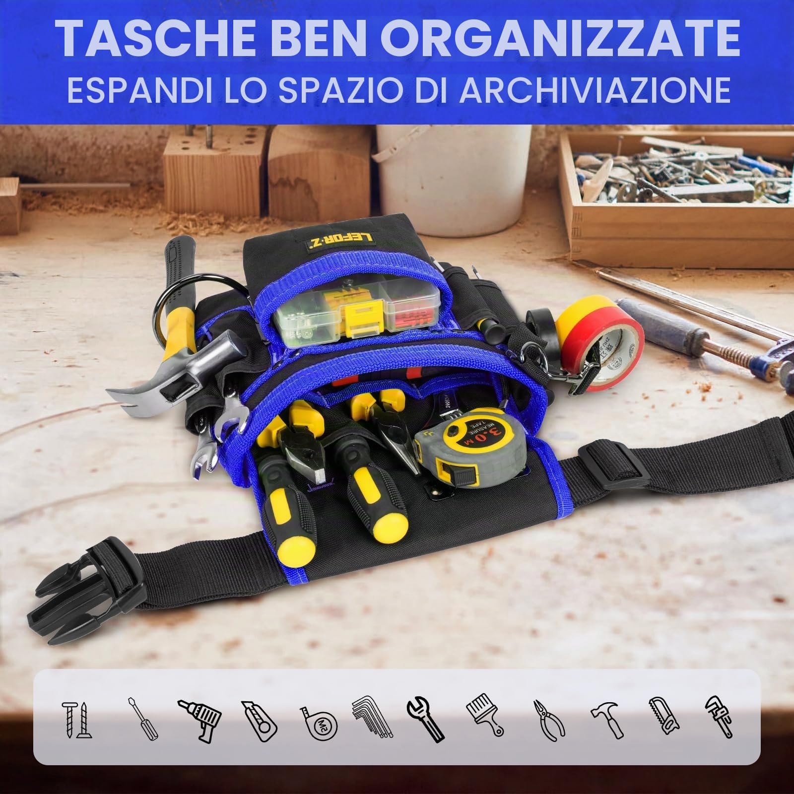 Cintura Porta Attrezzi,Magnetiche Cintura Attrezzi con 14 Tasche,Regolabili Staccabili Cintura Elettricista,Cintura Attrezzi Lavoro per Elettricista,Falegname,Edilizia,Nero-Blu