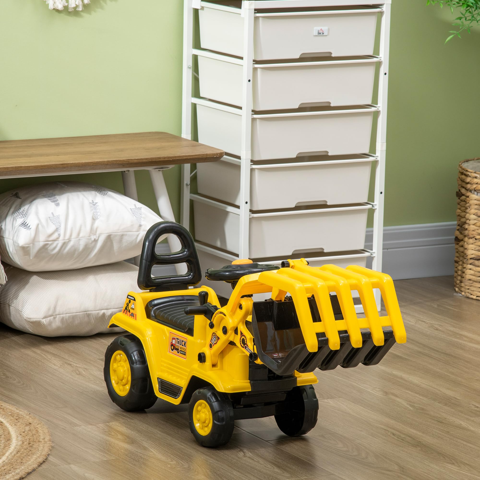 HOMCOM Tractor sin Pedales para Niños de +2 Años Excavadora Correpasillos Tractor Correpasillos con Pala Móvil Asiento de Almacenamiento y Bocina Carga 30 kg 83x27x39 cm Amarillo