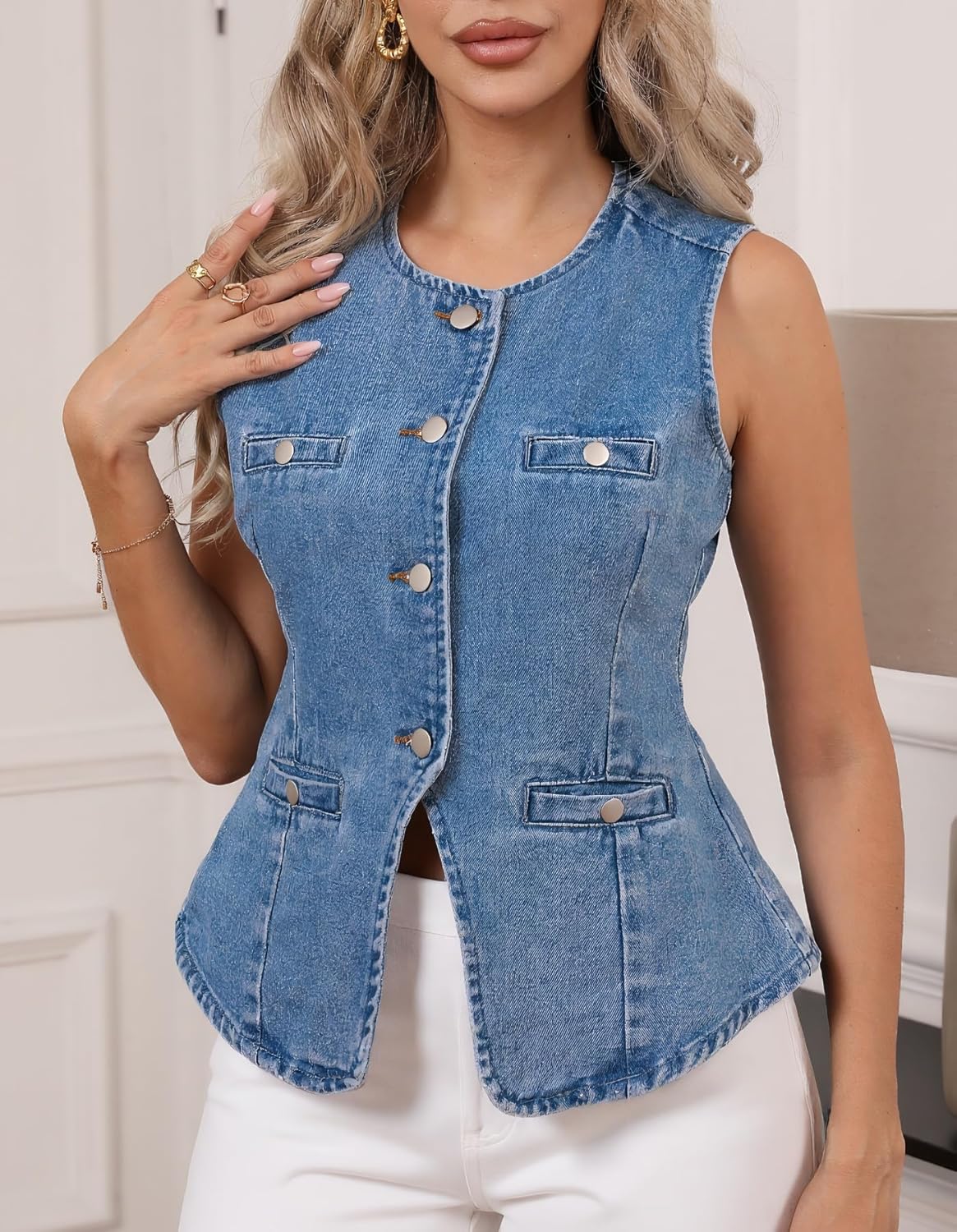 Ladyful Jean Vest Top for Women Sleeveless Button Down Denim Vest Crew Neck Fitted Western Waistcoat with Pockets - Image 2