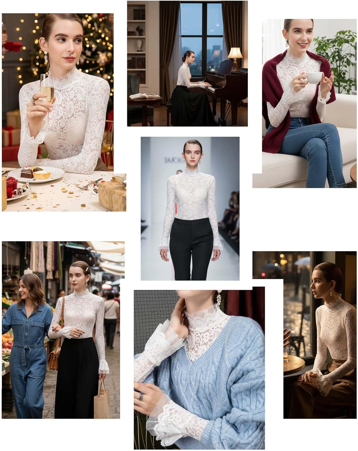 METWAY Lace Top for Women Long Sleeve Lace Shirt Sheer Turtleneck Ruffle Floral Mesh Undershirt Going Out Sexy Blouse - Image 5