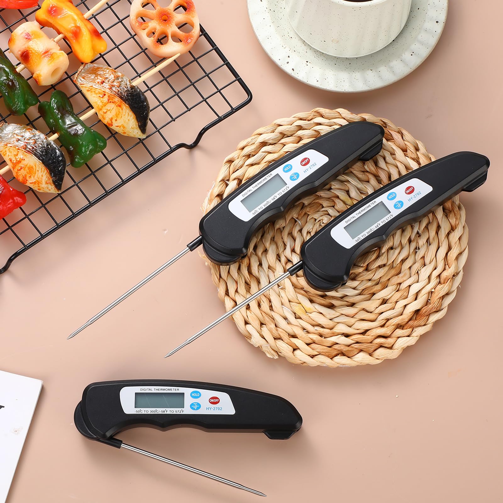 Xuhal Lot de 12 thermomètres à viande numériques avec sonde étanche à lecture instantanée - Thermomètre alimentaire pliable avec aimant pour cuisine, grillades, dinde et barbecue (noir)