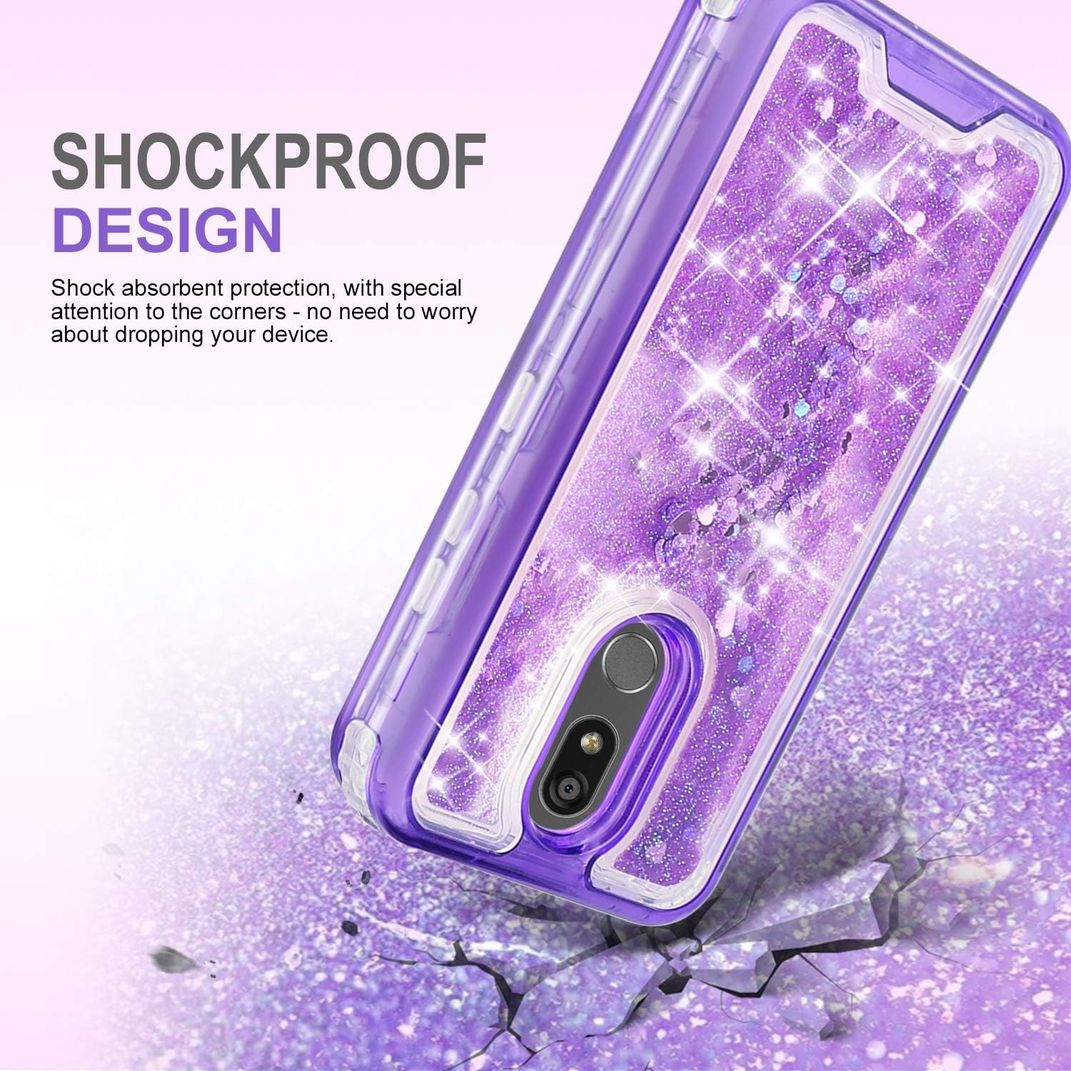 TJS Phone Case Compatible with LG Stylo 5/LG Stylo 5 Plus/LG Stylo 5V/LG Stylo 5X, Transparent Liquid Glitter Snap On Hybrid Moving Quicksand Bumper Drop Protector Cover (Purple)