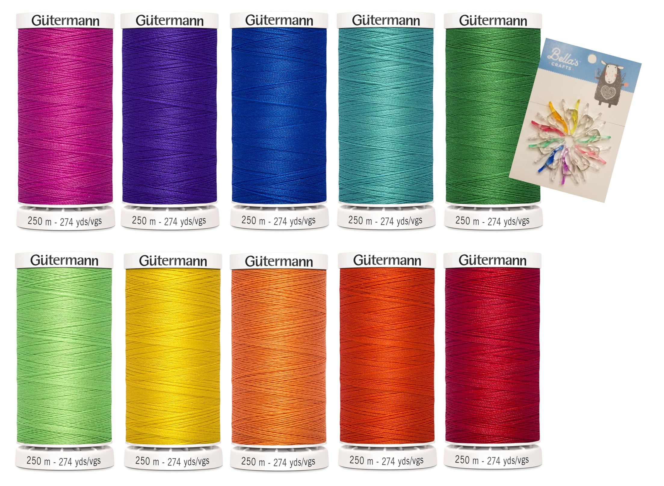 Gütermann Nähgarn, 270 m, 10 Stück mit Bella's Crafts Mini-Nähklammern (Regenbogenfarben)