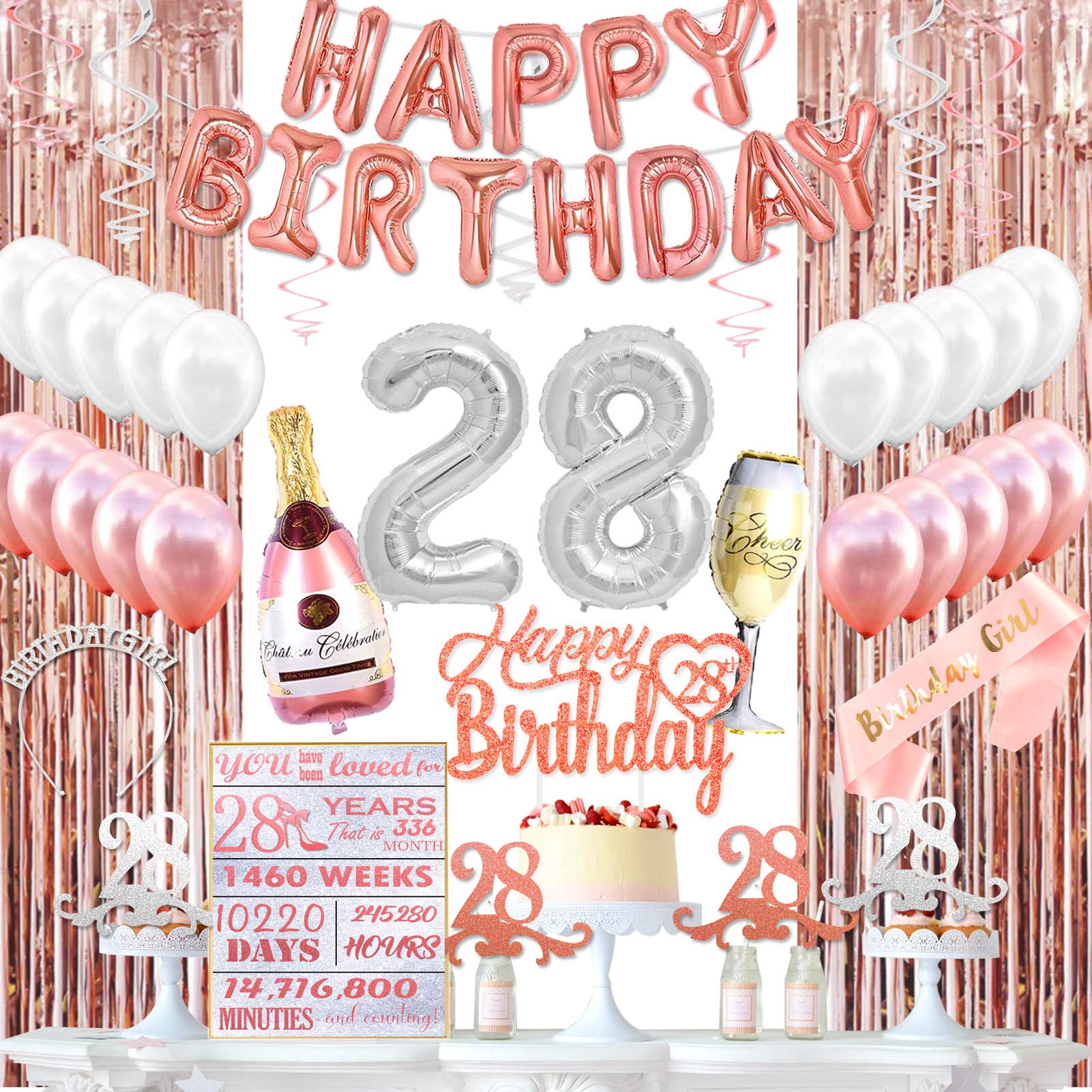 KeaParty 28th Birthday Decorations for Her, 28th Birthday Party Decorations Supplies Kit, 28th Birthday Crown, 28th Birthday Sash, 28th Birthday Balloons, 28th Birthday Cake Toppers, Birthday Banner, 28th Birthday Card for Rose Gold 28th Birthday Decorations.