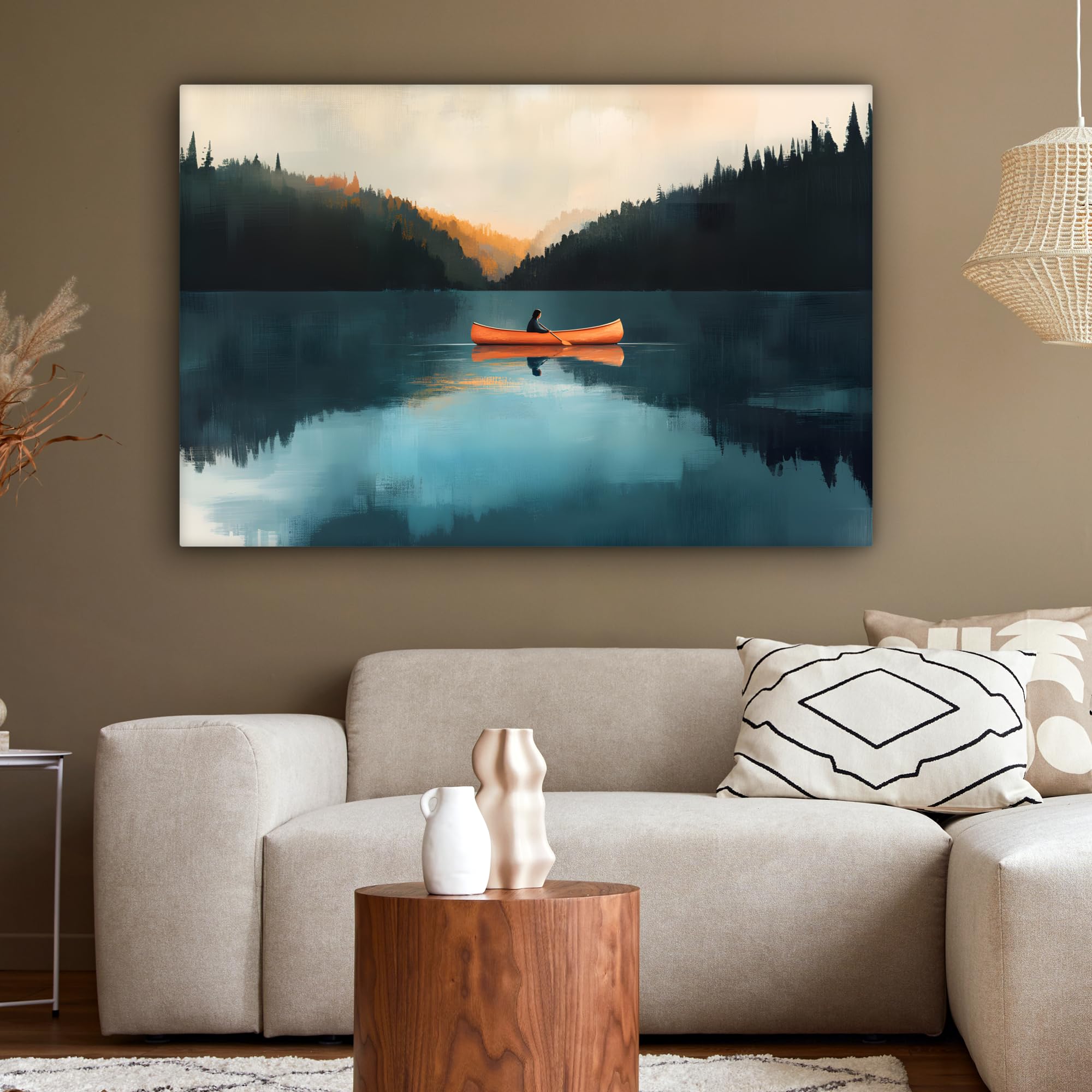 MuchoWow© Impression sur Toile Decoration Murale Peinture 120x80 cm Tableaux Decoratifs Muraux Déco Chambre Tableau Salon Forêts - Lac - Canoë - Orange