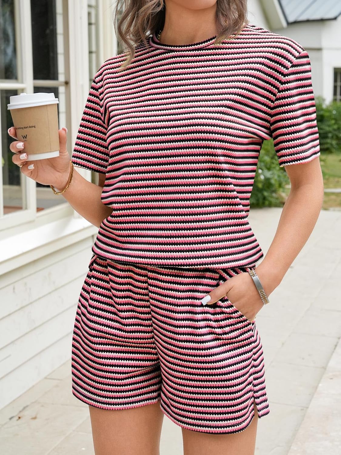 Fisoew Womens Striped 2 Piece Outfits Casual Short Sleeve Shirts Tops Knit Shorts Sets Workout Tracksuits Matching Sets - Image 2