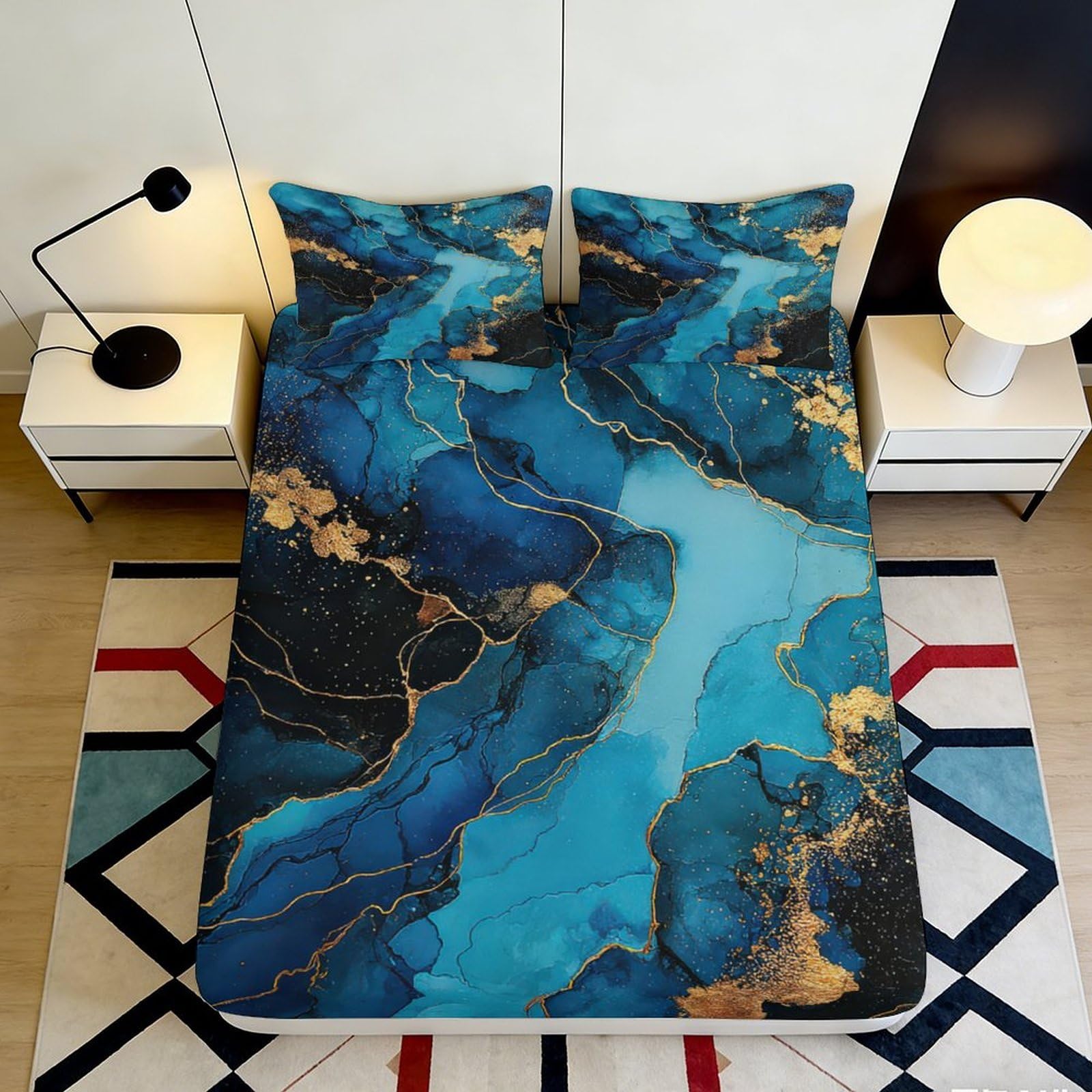 3D Printed Blue Marble Fitted Sheet Microfiber Artistic Abstract Mattress Cover for Bedroom Guest Room Easy Care 90x200x25cm