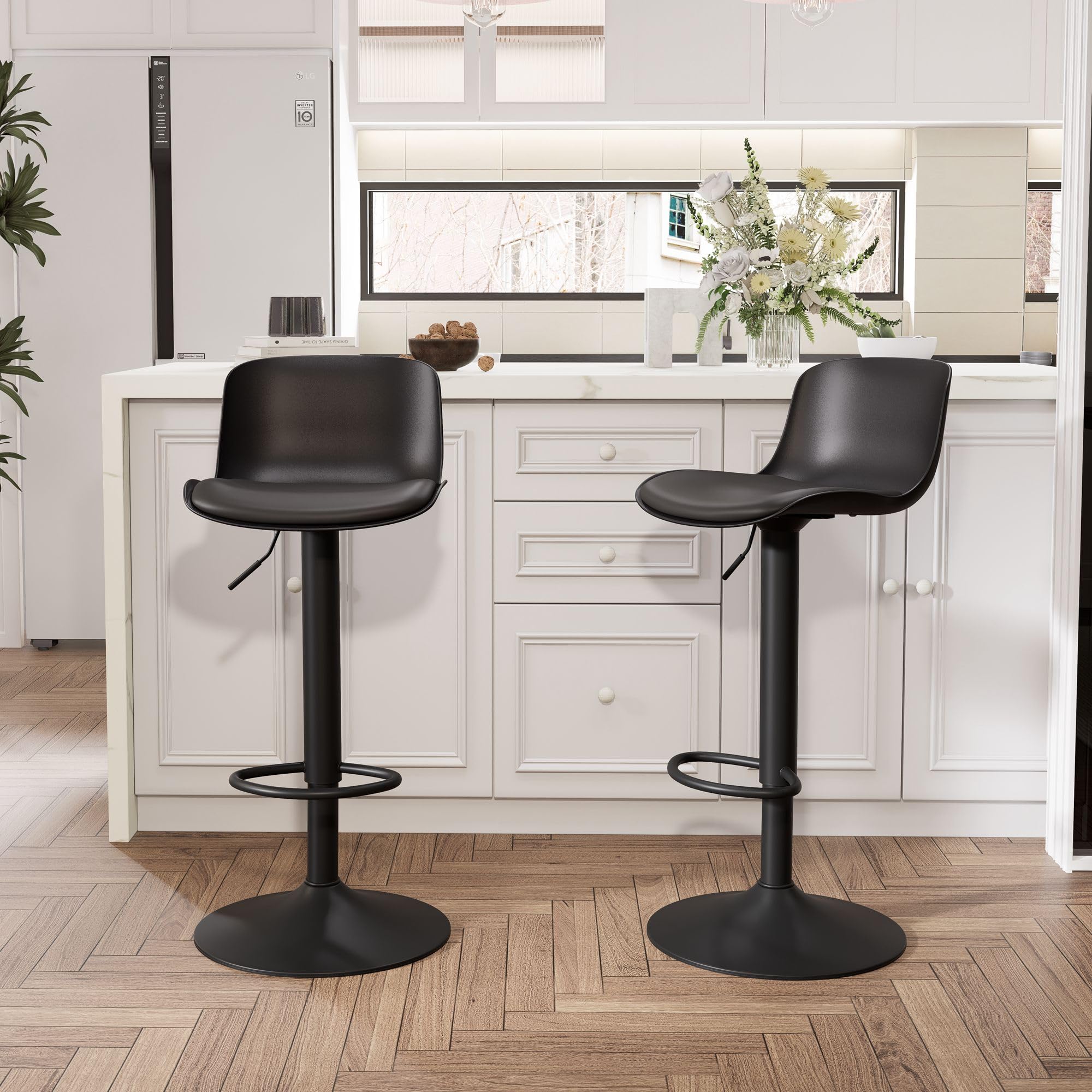 YOUNIKE Barhocker 2er Set Schwarz, Höhenverstellbarer Dreh-Barstuhl mit Rückenlehne, Hohe Barstühle als Küchenstuhl Tresenstuhl, Praktische Barhocker für Bartheke Küche Essbereich