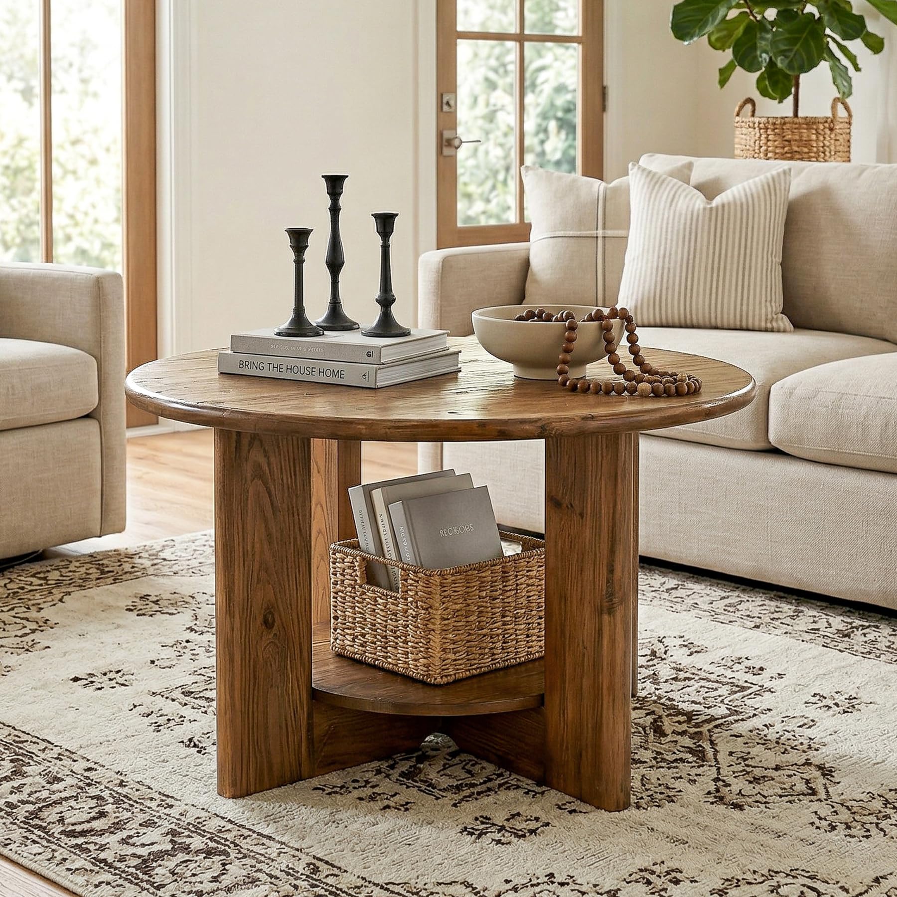 Tribesigns Table Basse Ronde 80 cm, 2 Niveaux avec Rangement, Bois Massif, Style Maison de Campagne, Marron Rustique – Table d’Appoint pour Salon