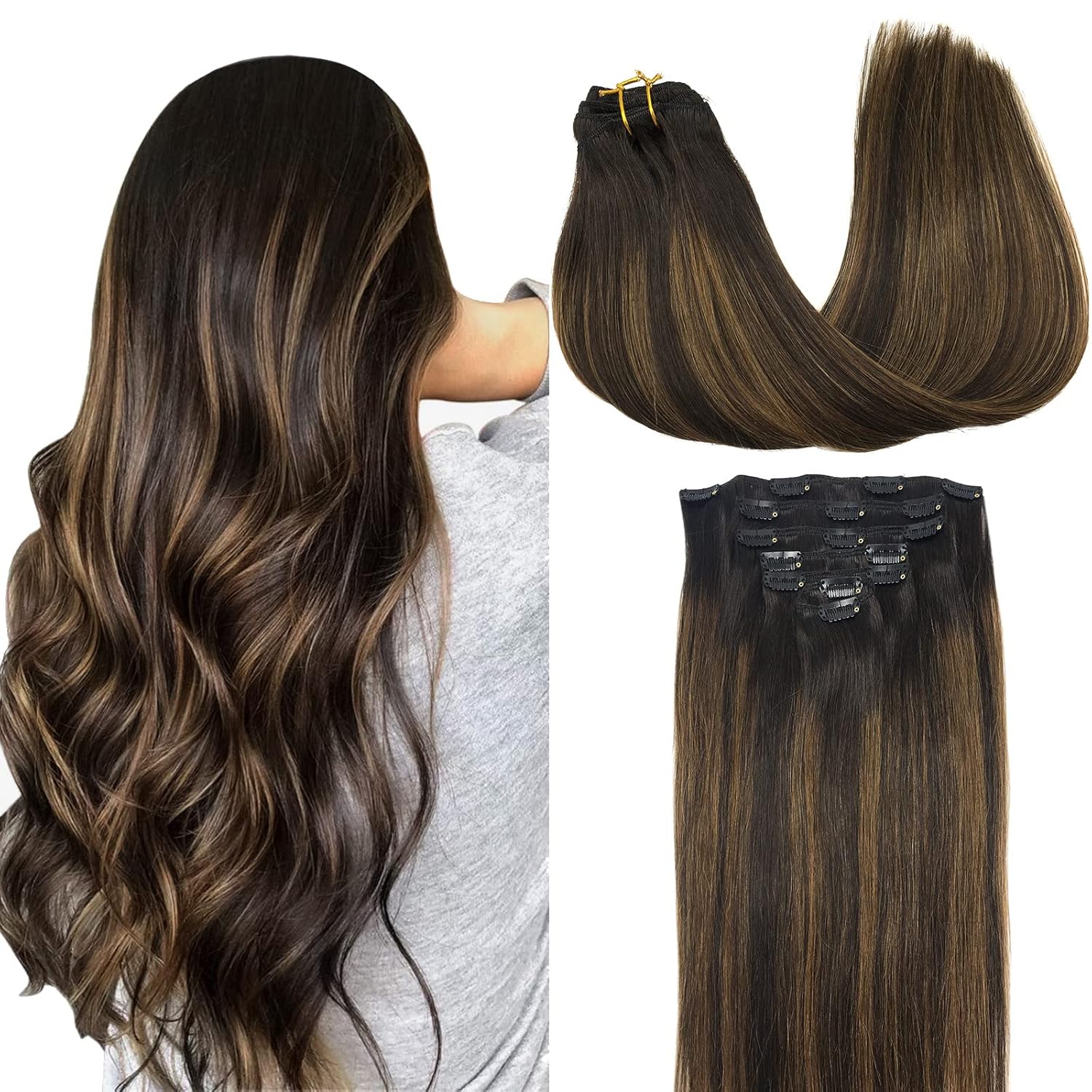GOO GOO Real Hair Extensions Clip in Human Hair Balayage