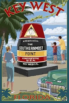 Wall Art Prints Key West, Florida - Southernmost Point by Lantern Press, Places Decor, 12" x 18"