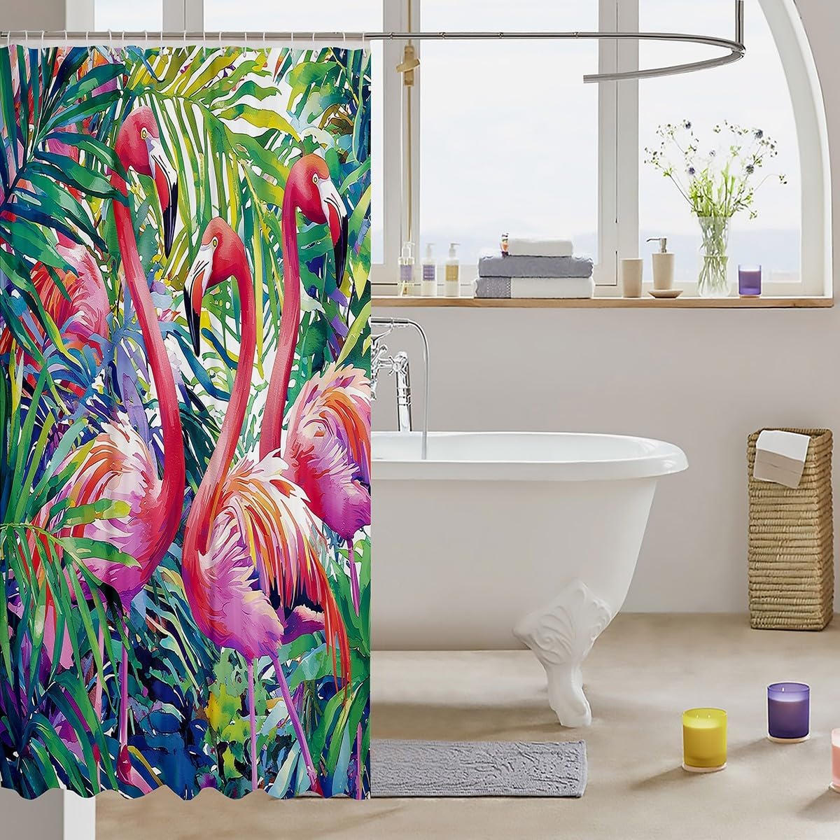 Erosebridal Flamingo Shower Curtain, Tropical Leaves Room Decor Bath Curtain, Palm Tree Pattern Bathroom Shower Curtain, Colorful Bathroom Sets Accessories with Hooks Machine Washable 72" W x 78" L