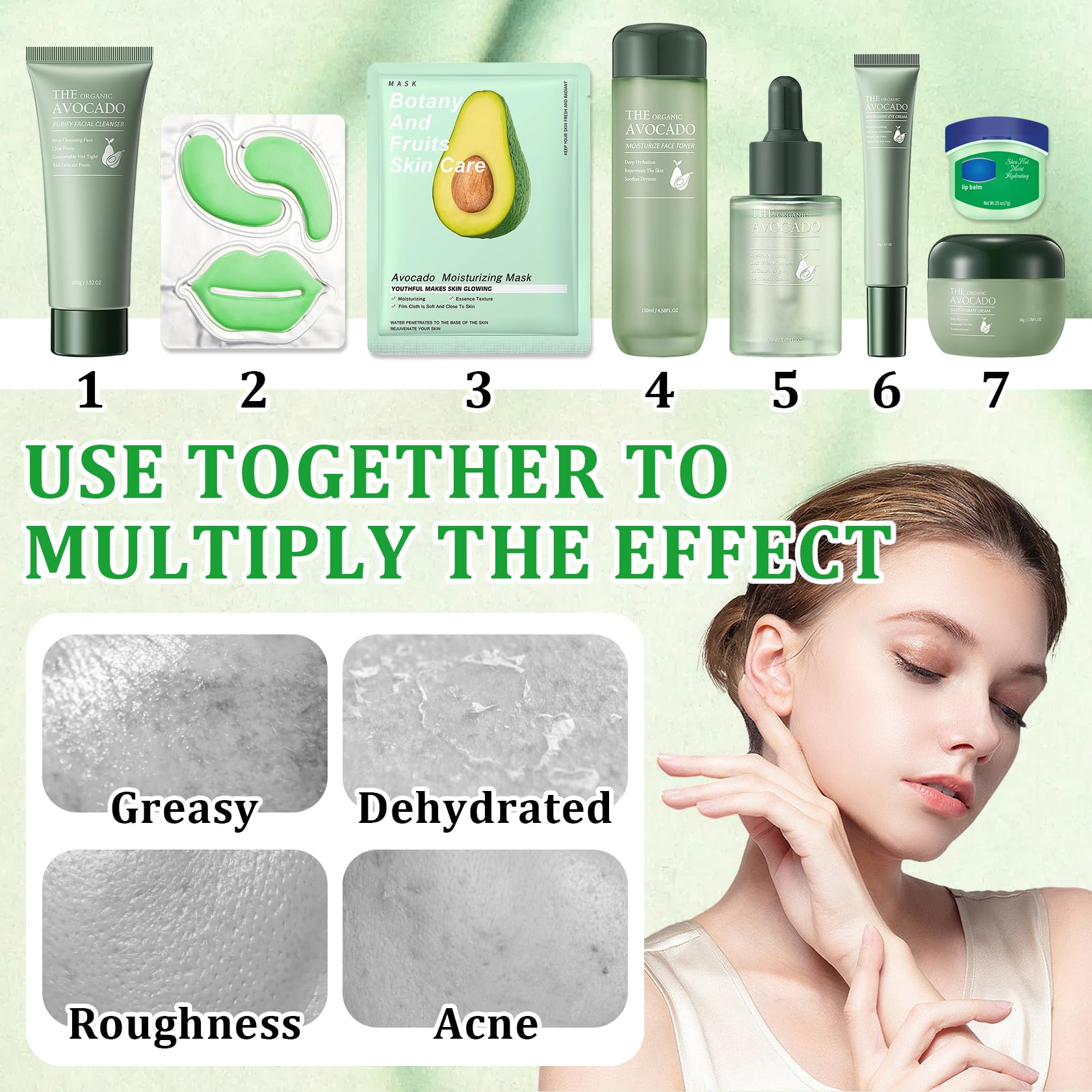 Juego de 10 piezas de cuidado de la piel de aguacate con limpiador facial, tónico, suero facial, crema facial, crema para ojos, bálsamo labial hidratante, parche debajo de los ojos y máscara labial, 4