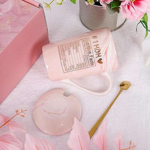 Miniatura 6 de Taza de café para mamá, taza de café de 12 onzas con exquisita caja de cuchara de embalaje, taza de ideas divertidas de mármol de cerámica rosa,