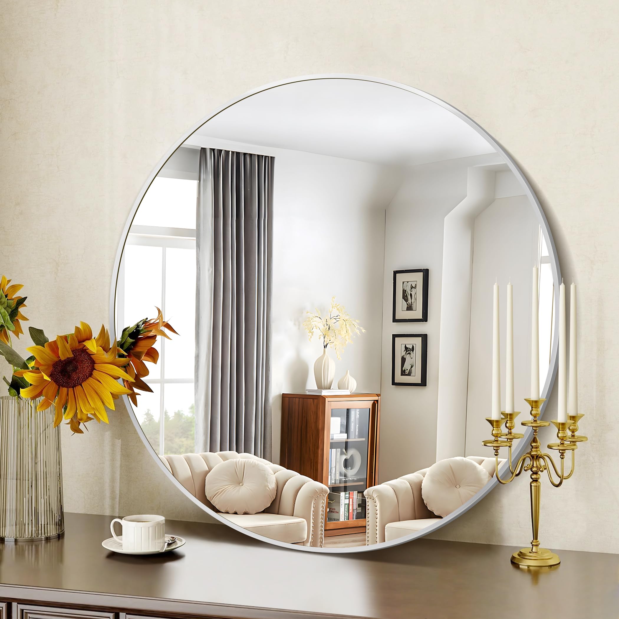 Silver Round Mirror, 39 Inch Wall Mounted Round Mirror, Aluminum Alloy Metal Frame Wall Mirror, Round Bathroom Mirror, Round Mirror for Bathroom, Entryway, Living Room, Large Mirror for Over Sink