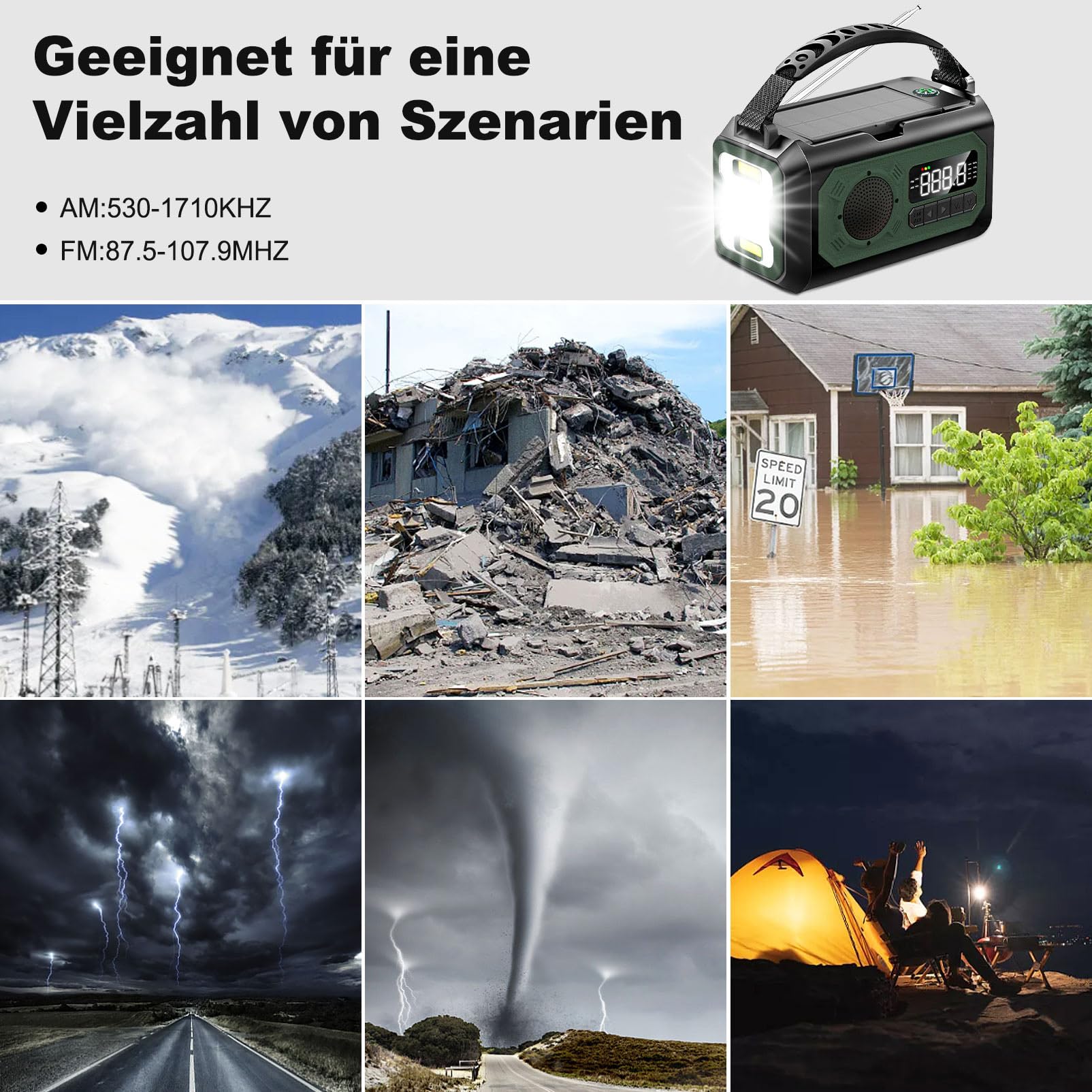 12000mAh Kurbelradio mit Handyladefunktion Solar,2 Sonnenkollektoren,AM/FM Radio Kurbel Notfall,3 Lademethoden 7 in 1 Tragbares Notfallradio,SOS,Taschenlampe,Kopfhöreranschluss,Kompass,Leselampe